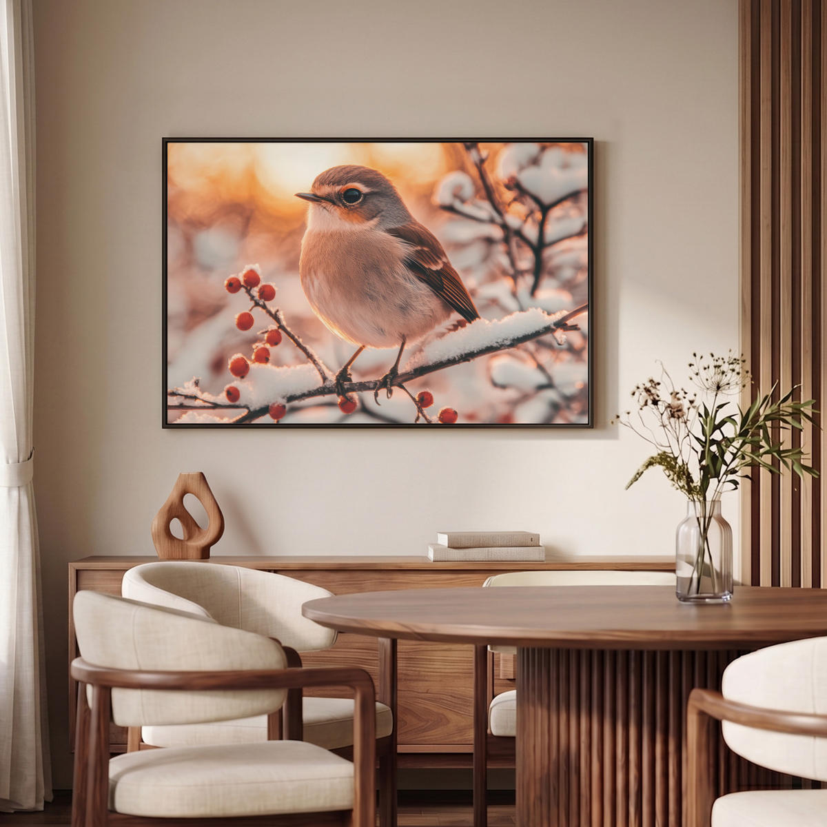 LEINWAND Bilder mit Rahmen - Vogel - Zweig - Winter - Tiere - Schnee - 90x60 - Bernsteinfarben, Textil (90/60cm) - MuchoWow