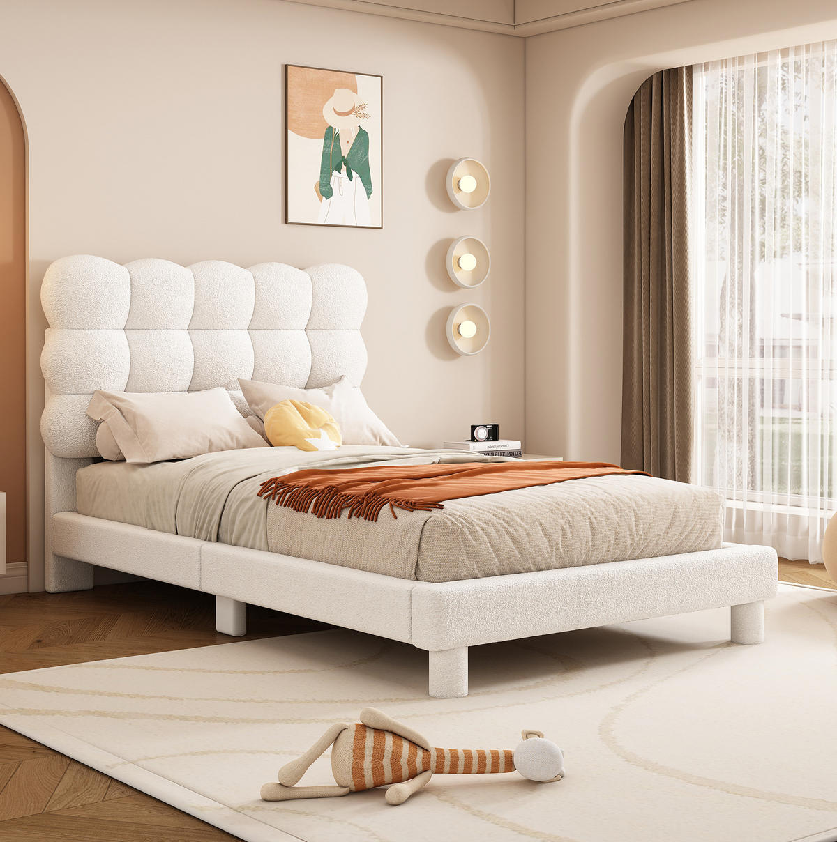 POSTEL 90/200 cm z plyše a MDF, bílá, s nastavitelným čelem - bílá, textil (90/200cm) - BEAOK