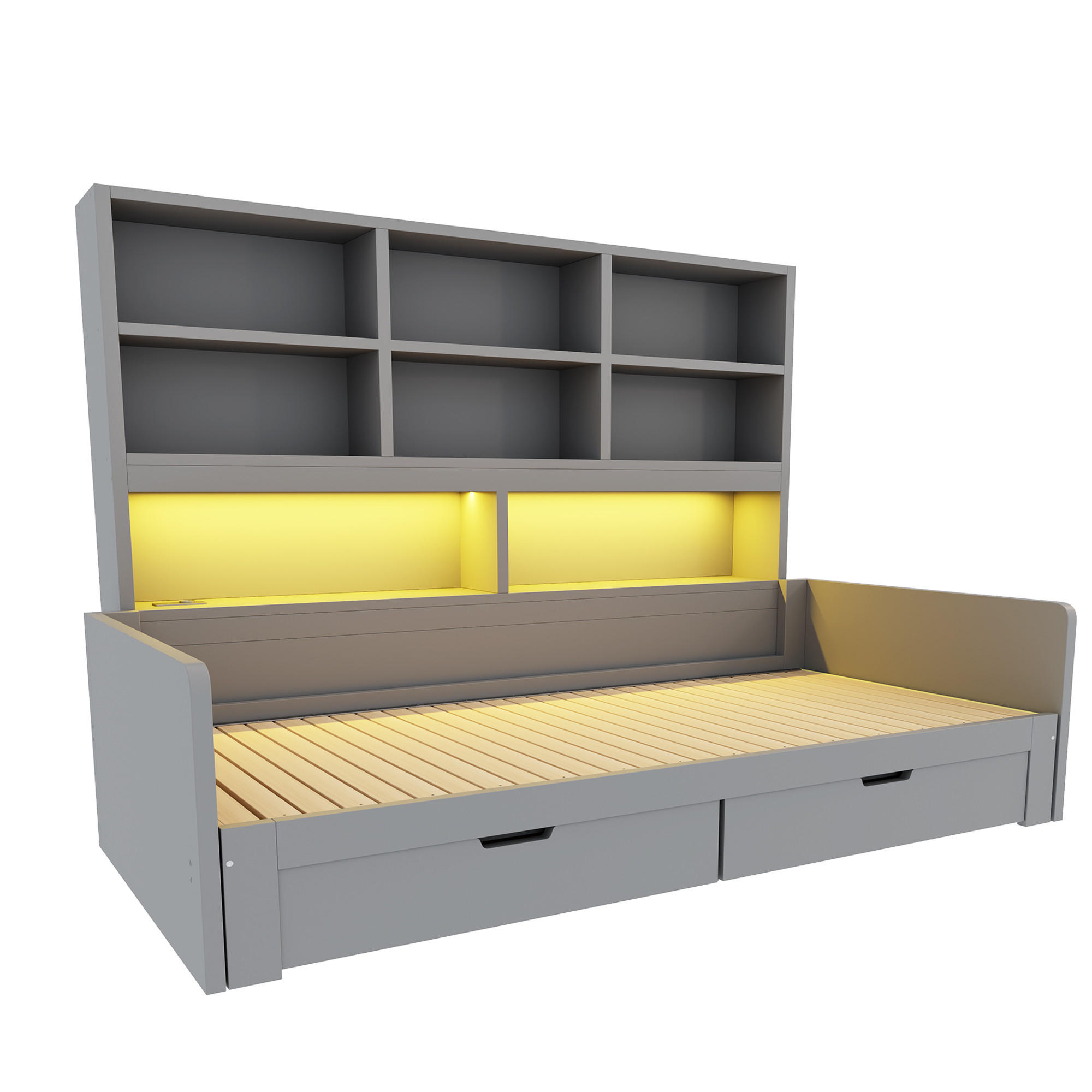 AUSZIEHBETT 90/180/200 cm mit Stauraum und LED, DE-41639, in Grau - Grau, Holzwerkstoff (90/200cm) - ComfortXL