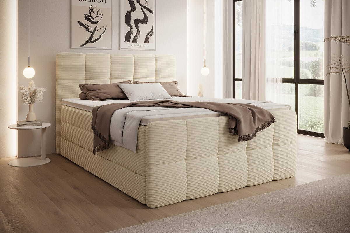 BOXSPRINGBETT Madison 2 Beige 180/200 cm H3/H4 Cord mit Premium Topper - Beige, Textil (180/200cm) - wonello
