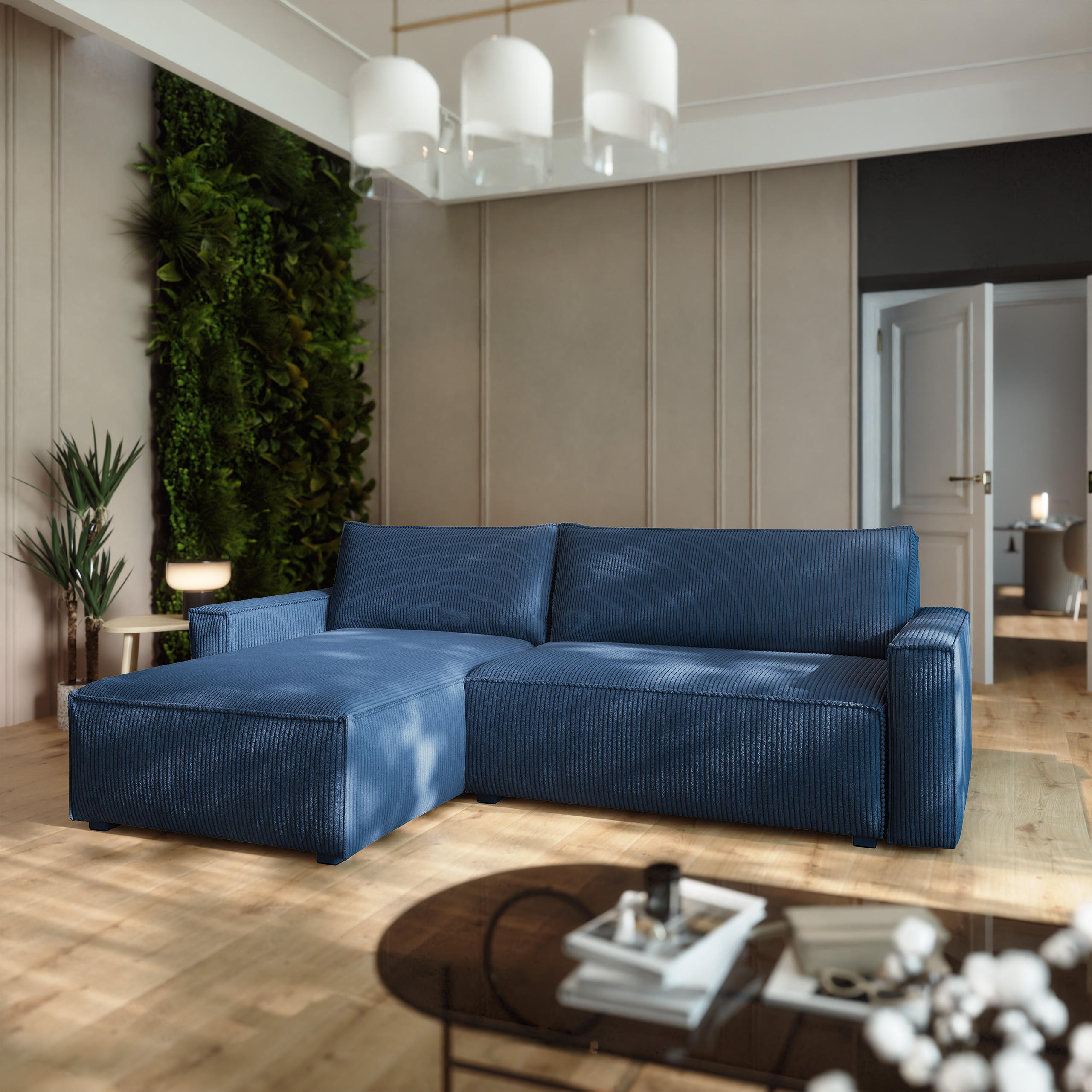 ECKSOFA BESMIR Blau Kordstoff mit Schlaffunktion - Blau, Holz (275/148cm) - MASSENO