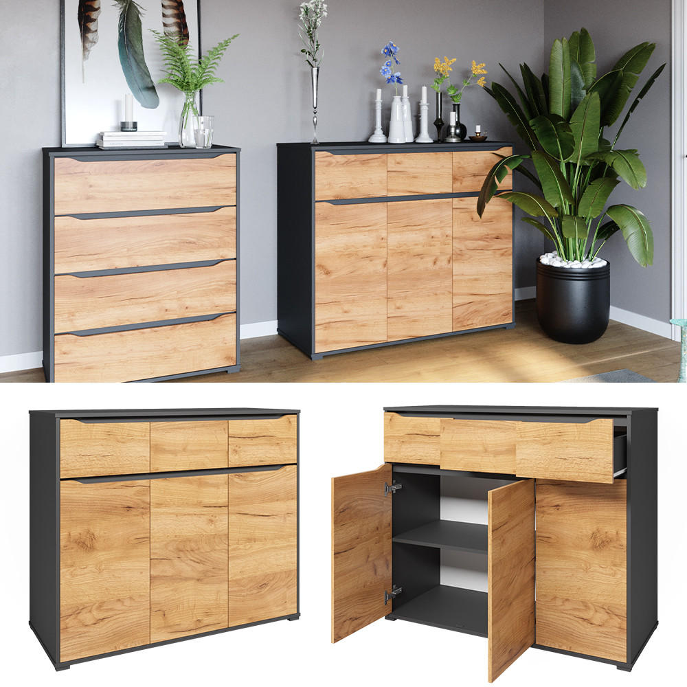 KOMMODE Ruben Goldkraft Eiche 120 x 101.6 cm mit Schubladen - Anthrazit/Eiche Wotan, Holzwerkstoff (48/101.6/120cm) - Vicco