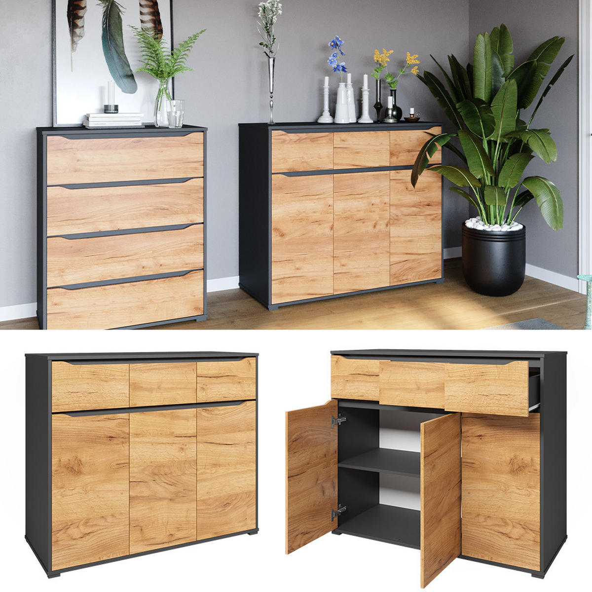 KOMMODE Ruben Goldkraft Eiche 120 x 101.6 cm mit Schubladen - Anthrazit/Eiche Wotan, Holzwerkstoff (48/101.6/120cm) - Vicco
