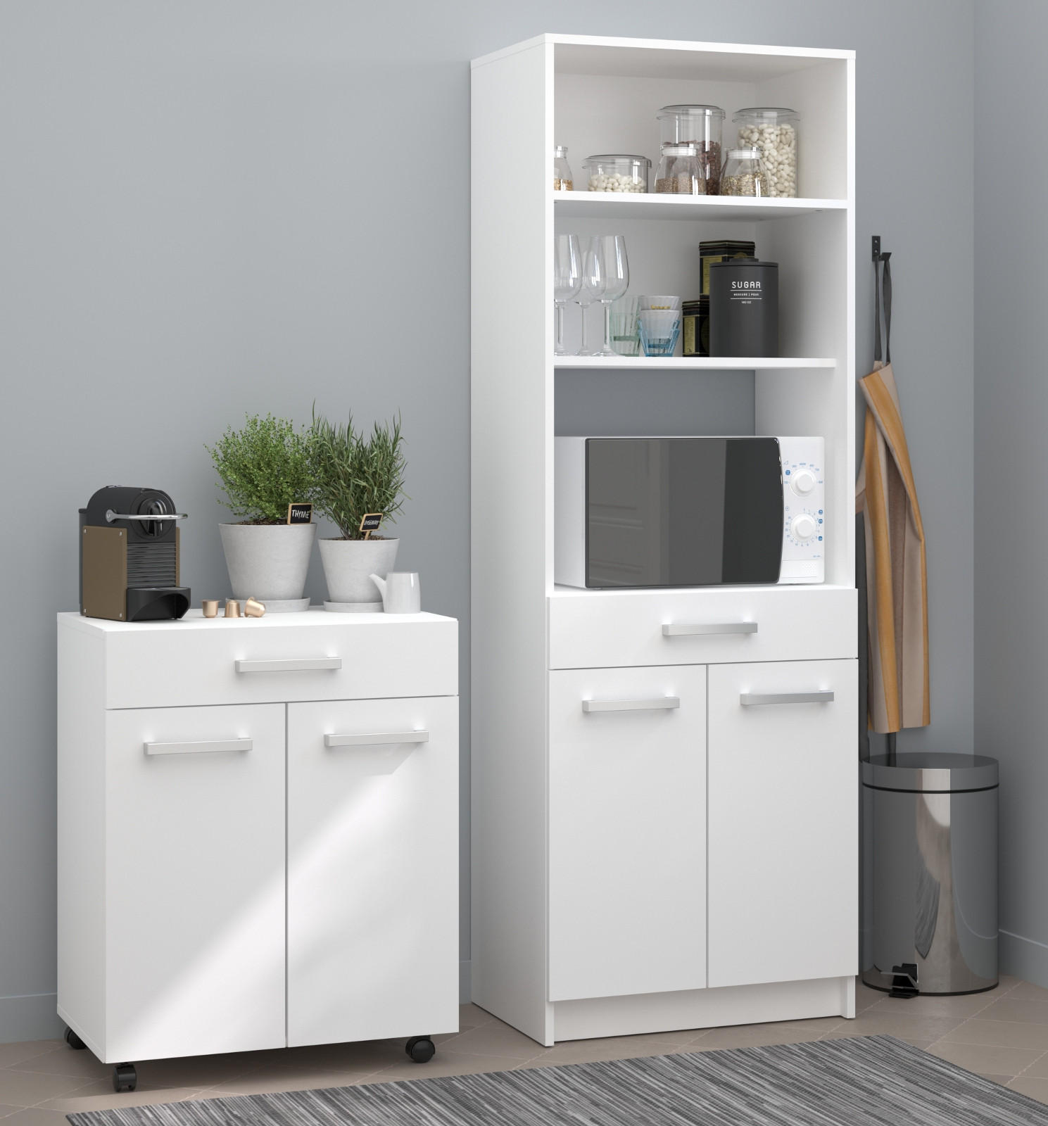 KÜCHENSCHRANK Set 2-teilig weiß mit Buffet und Mehrzweckschrank - Silberfarben/Weiß, Holz/Holzwerkstoff (120/176/43cm) - Parisot Meuble