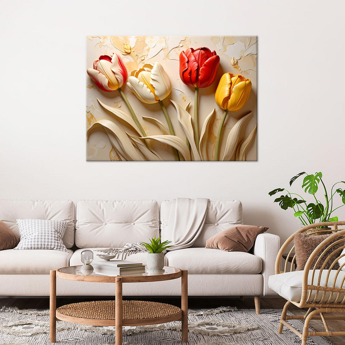 WANDBILD, Rote und gelbe 3D-Tulpen - Beige, Textil (120/80cm) - Feeby