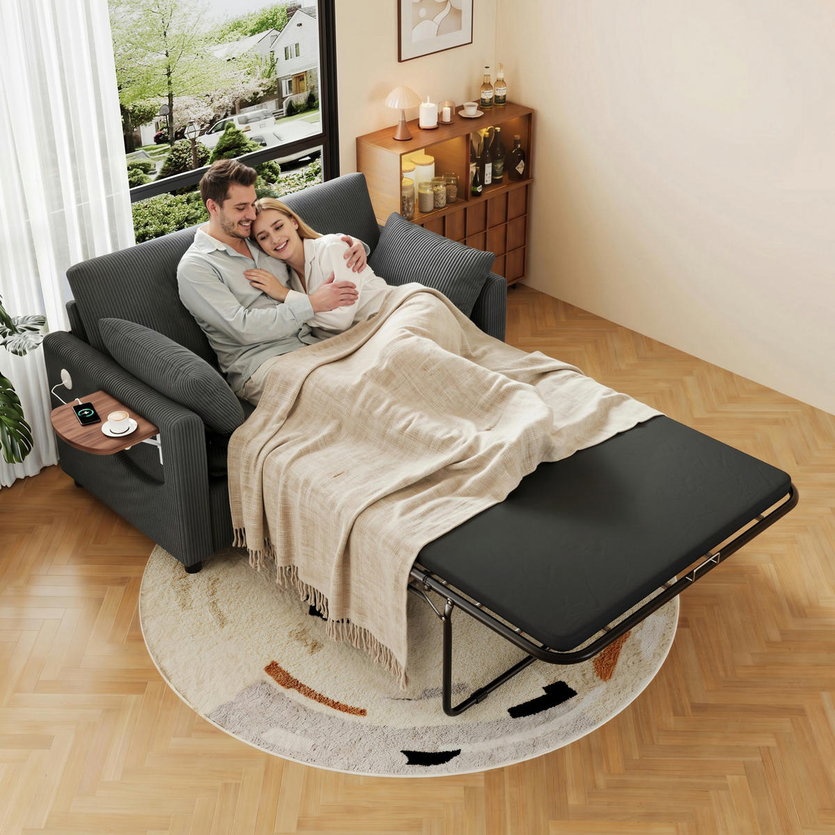 SCHLAFSOFA 134x82x84 cm aus cord mit klappbarem Beistelltisch und USB Anschlüssen, grau - Grau, Textil (82/84/134cm) - Luhomfu
