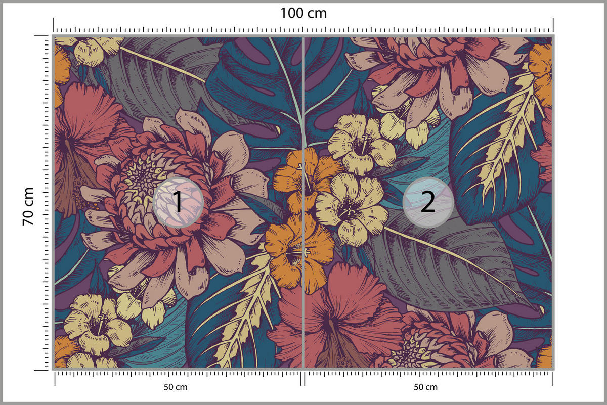 FOTOTAPETE für Schlafzimmer Retro Bunte Blätter Blumen Pflanzen 100x70 - Türkis/Blau, Papier (100/70cm) - Muralo