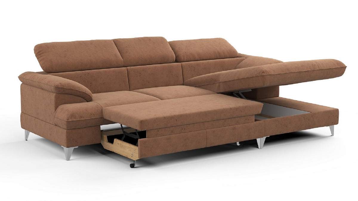ECKSOFA mit Schlaffunktion und Bettkasten, verstellbare Kopfstützen - Chromfarben/Braun, Textil/Metall (167/254cm) - Cotta