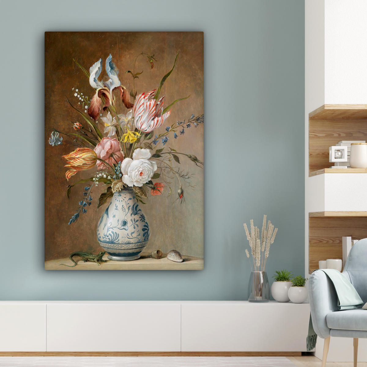 LEINWANDBILD Alte Meister - Blumen - Balthasar van der Ast 90x140 cm - Hellbraun, Textil (90/140cm) - MuchoWow