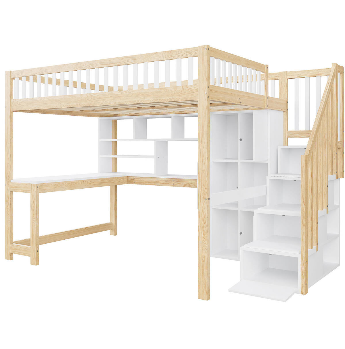 HOCHBETT aus Kiefer und MDF 140x200 cm Weiß/Natur mit LED-Beleuchtung, Ablageleiter, Regalen, Fächern und Schreibtisch - Weiß, Holzwerkstoff (140/200cm) - Modfu