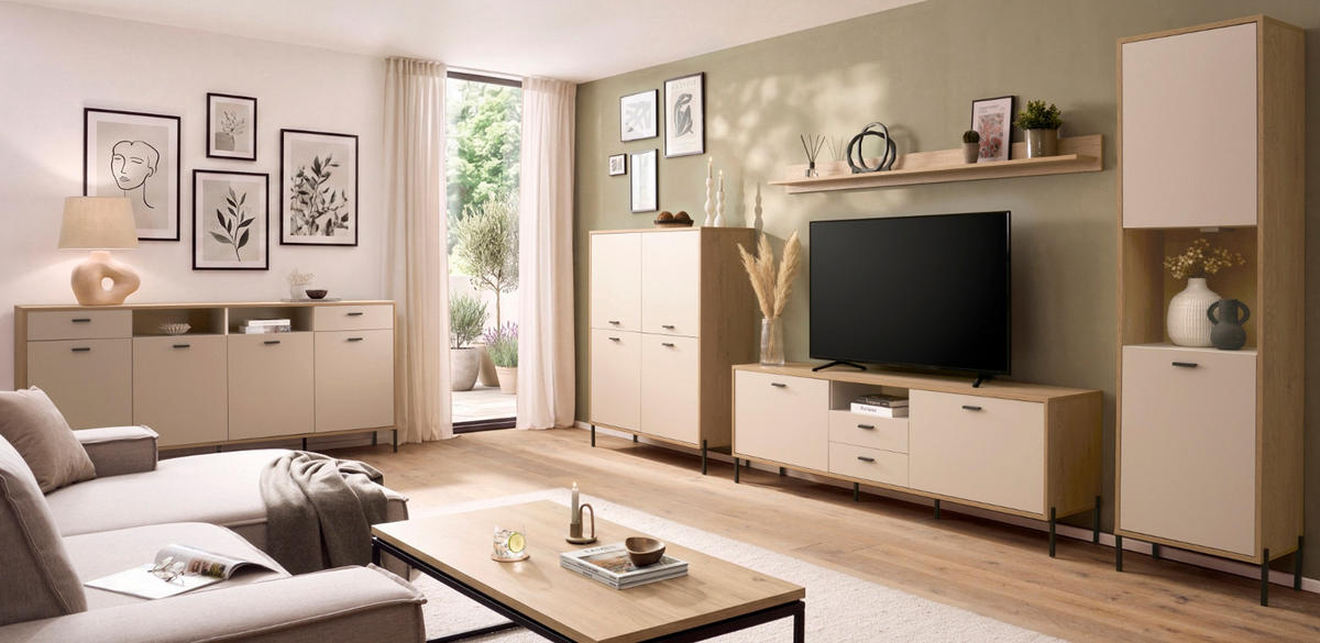 SIDEBOARD Kaschmir, Eiche 205 x 95 cm, Kommode mit Soft-Close - Kaschmir/Eichefarben, Holzwerkstoff/Metall (205/95/40cm) - Furn.Design
