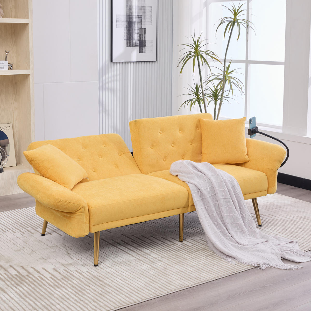 2-SITZER-SOFA mit zwei USB-Anschlüssen, Handyhalterung, verstellbarer Rückenlehne und Metallfüßen – Gelb - Gelb, Textil (78/78/173cm) - KOMHTOM