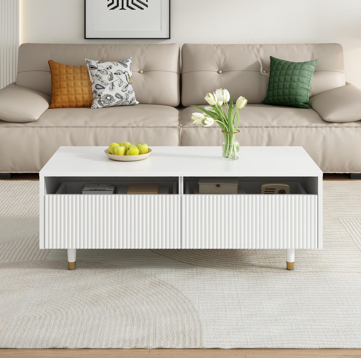 COUCHTISCH mit LED und 2 Schubladen 110 x 50 x 40 cm MDF Weiß - Weiß, Holz (100/50/40cm) - Meubliv