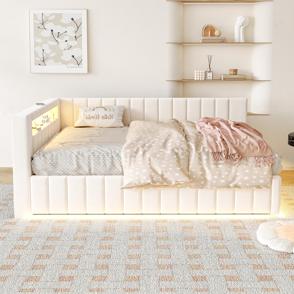 POLSTERBETT 140/200 cm in Beige Samt mit Bettkasten, LED und USB - Beige, Holzwerkstoff/Textil (140/200cm) - WISHDOR