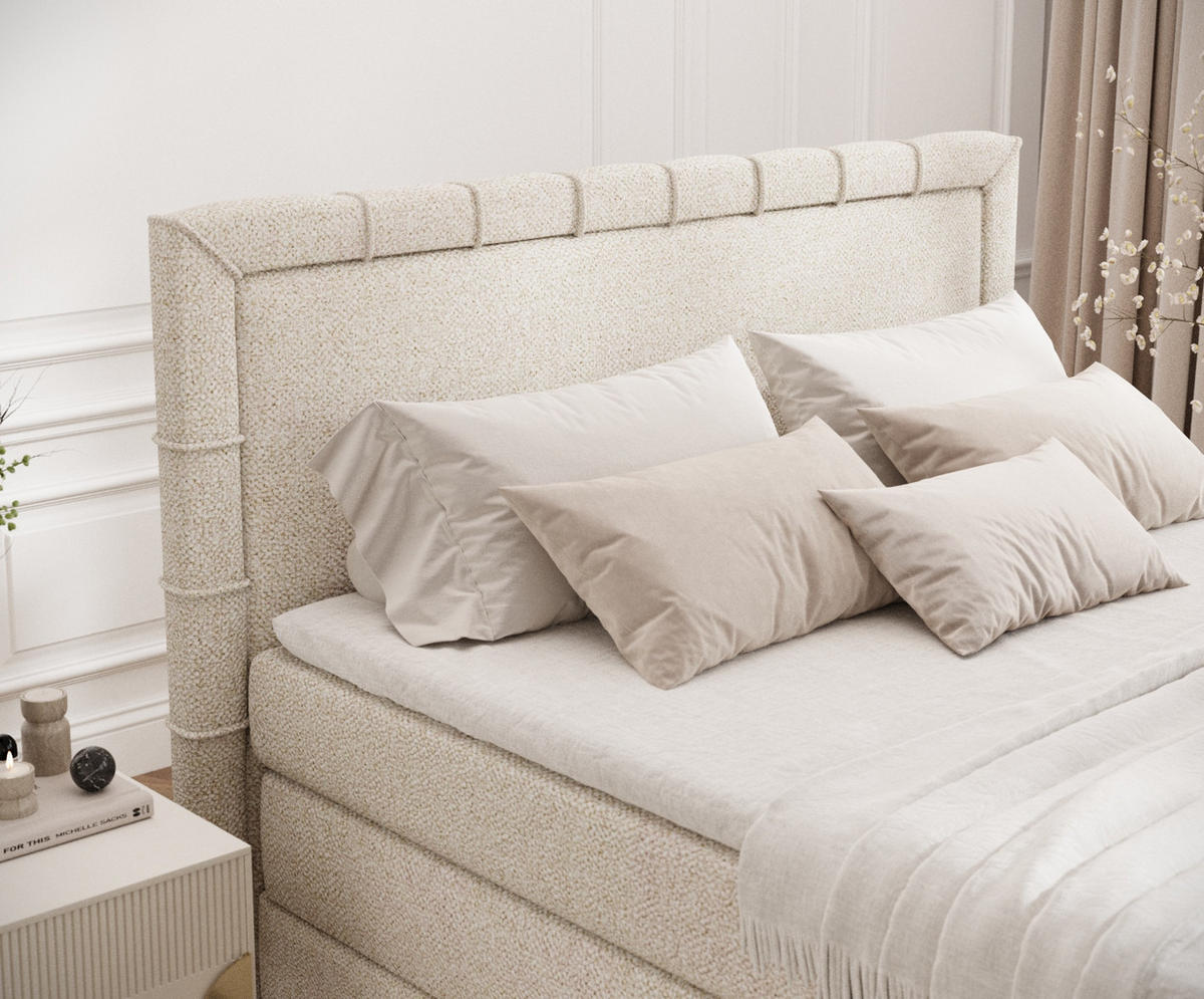 BOXBETT Estelle Creme 140/200 cm im Boucle-Stoff - Creme/Schwarz, Holz/Holzwerkstoff (140/200cm) - Maison de Reve