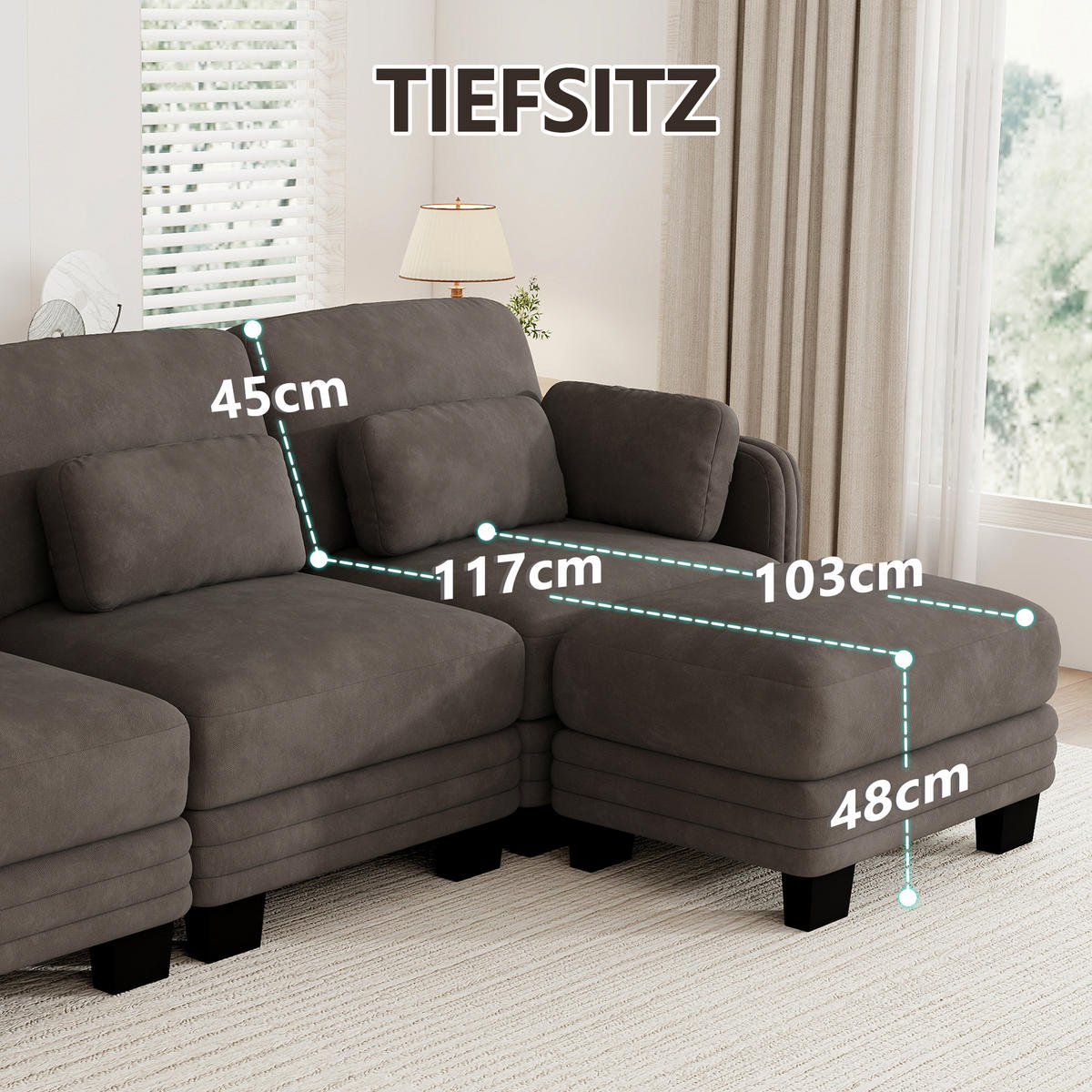 2-SITZER-SOFA mit 2 Ottomanen, DE-42686, Braun - Braun, Holz (176/88/143cm) - ComfortXL