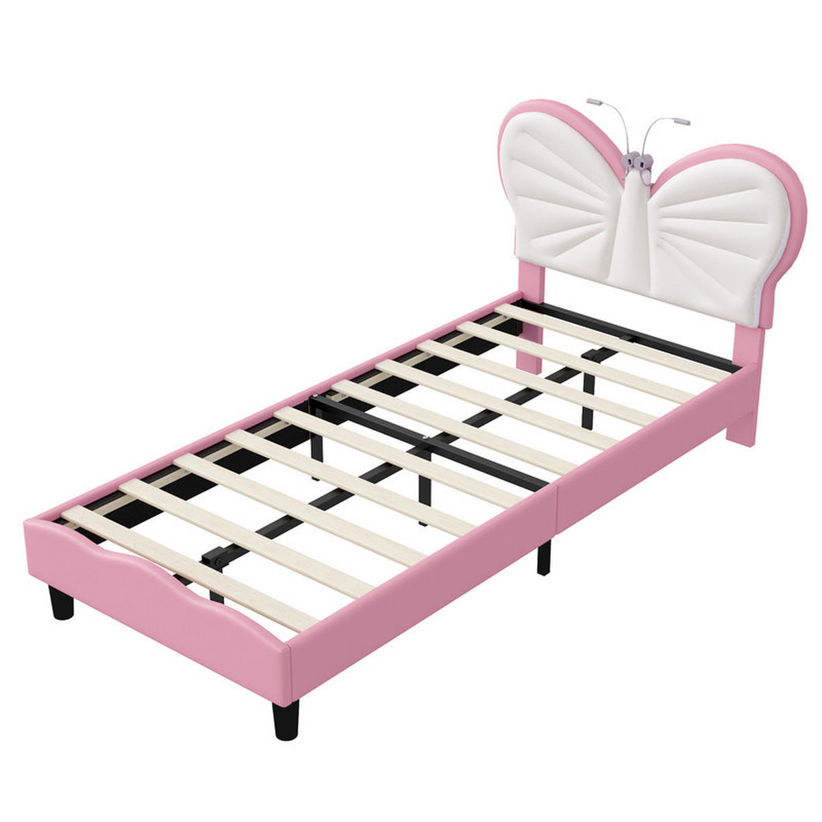 KINDERBETT 90x200 cm, Samt, Weiß und Rosa, mit LED-Leselampe und Lattenrost, Schmetterlings-Kopfteil - Rosa, Holz (90/200cm) - WoodenAura
