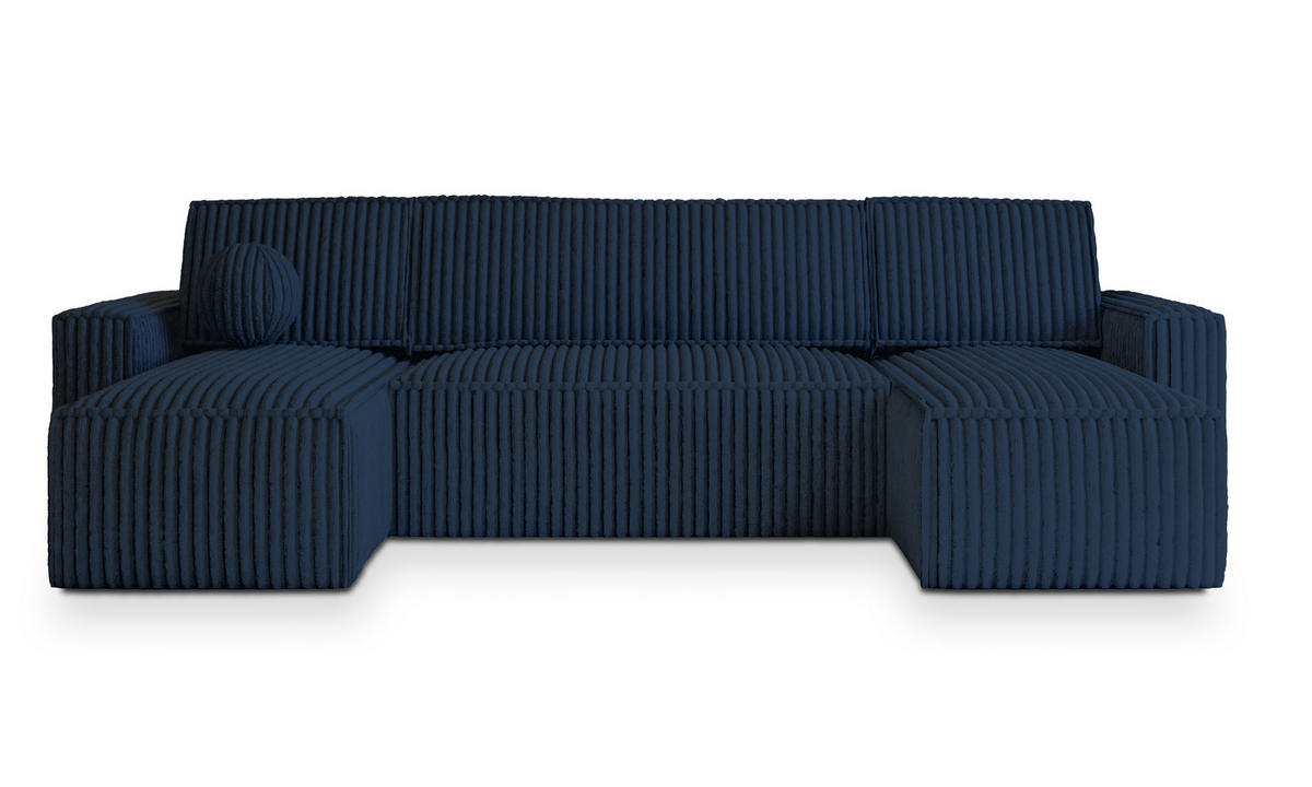 WOHNLANDSCHAFT PESANO T Blau Kordstoff mit Schlaffunktion - Blau, Holz (306/85/140cm) - MASSENO