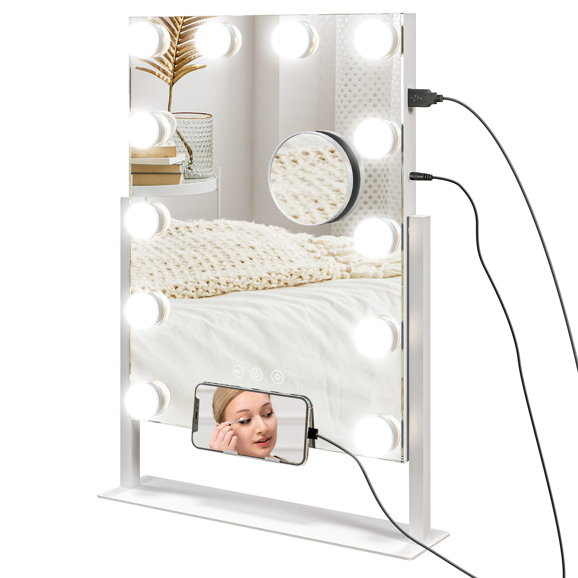 HOLLYWOOD Spiegel mit Beleuchtung, Schminkspiegel mit 12 LED Licht, 3 Lichtfarben - Weiß, Glas (8.5/45.5/36.5cm) - HOMCOM