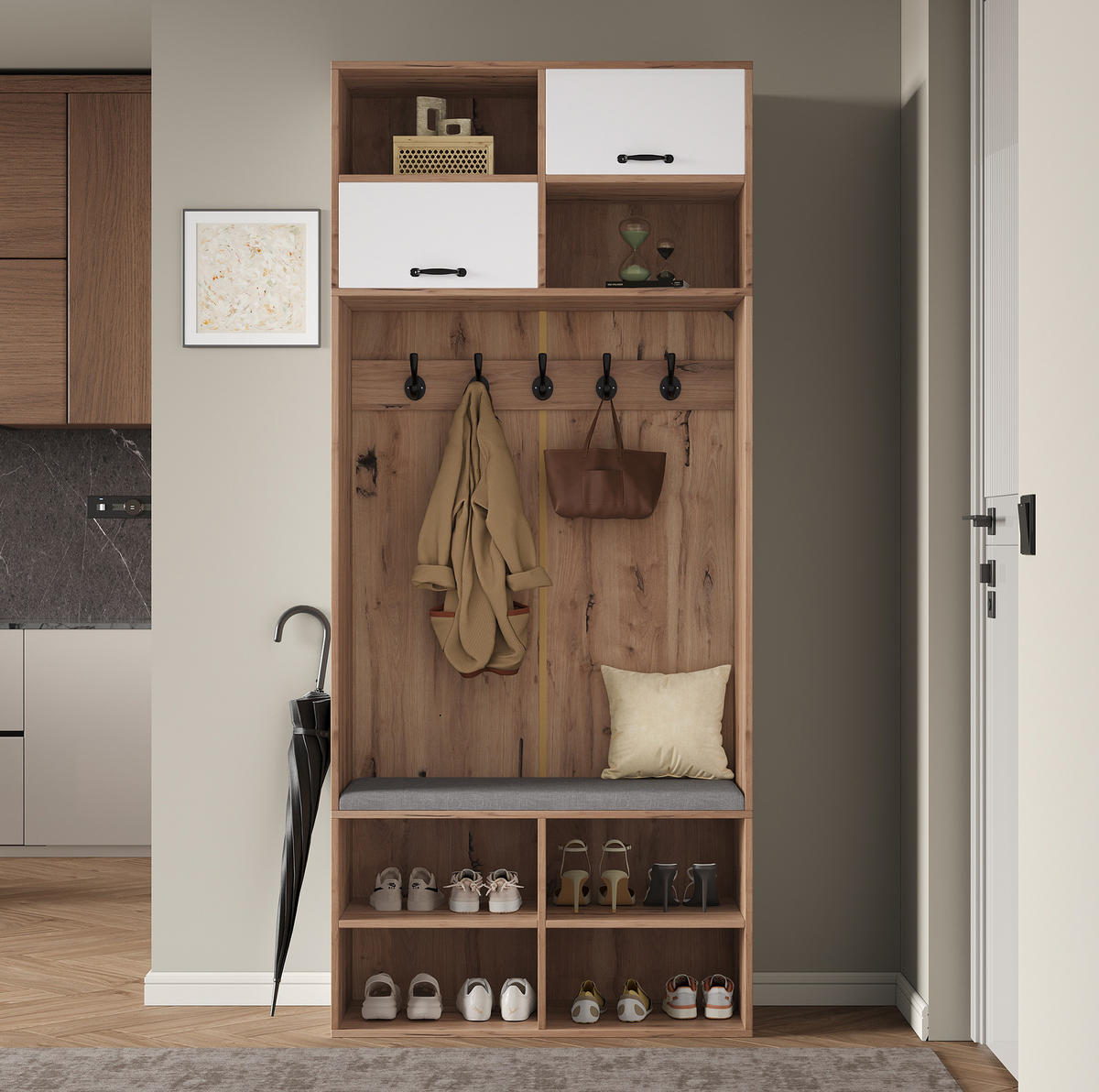 GARDEROBE 80/35/185 cm weiß/naturfarben aus Spanplatte mit Sitzbank LED und Stauraum - Naturfarben, Holzwerkstoff (80/185/35cm) - OKWISH