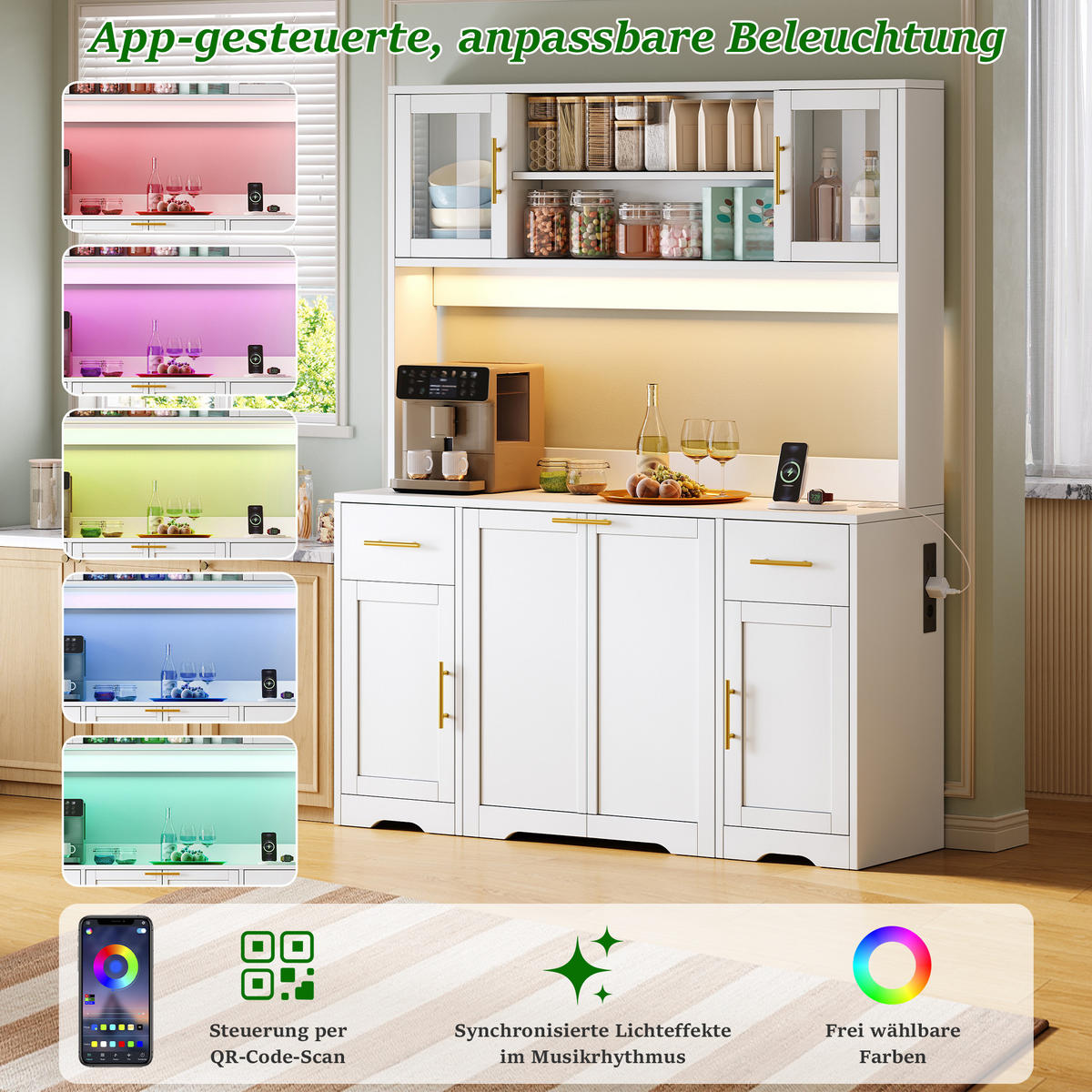 BUFFET DE-38725 140/40/173 cm LED-Beleuchtung und Müllschrank Weiß/Gold - Weiß, Holzwerkstoff (140/173/40cm) - ComfortXL