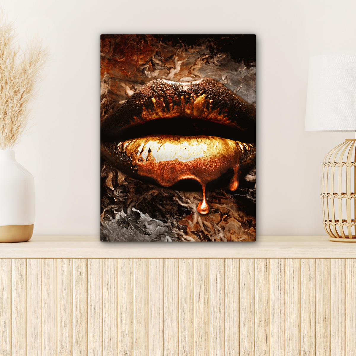 LEINWANDBILD Gold - Lippen - Kunst - Gold - Luxus - Abstrakt 30x40 cm - Kupferfarben, Textil (30/40cm) - MuchoWow