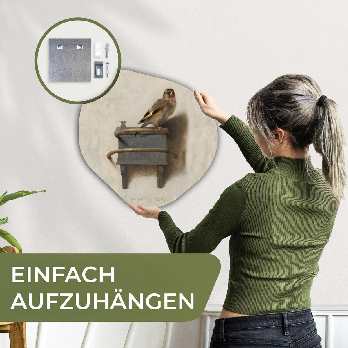 WANDBILD Stieglitz - Alter Meister - Carel Fabritius 40x40 cm - Grau, Kunststoff (40/40cm) - MuchoWow