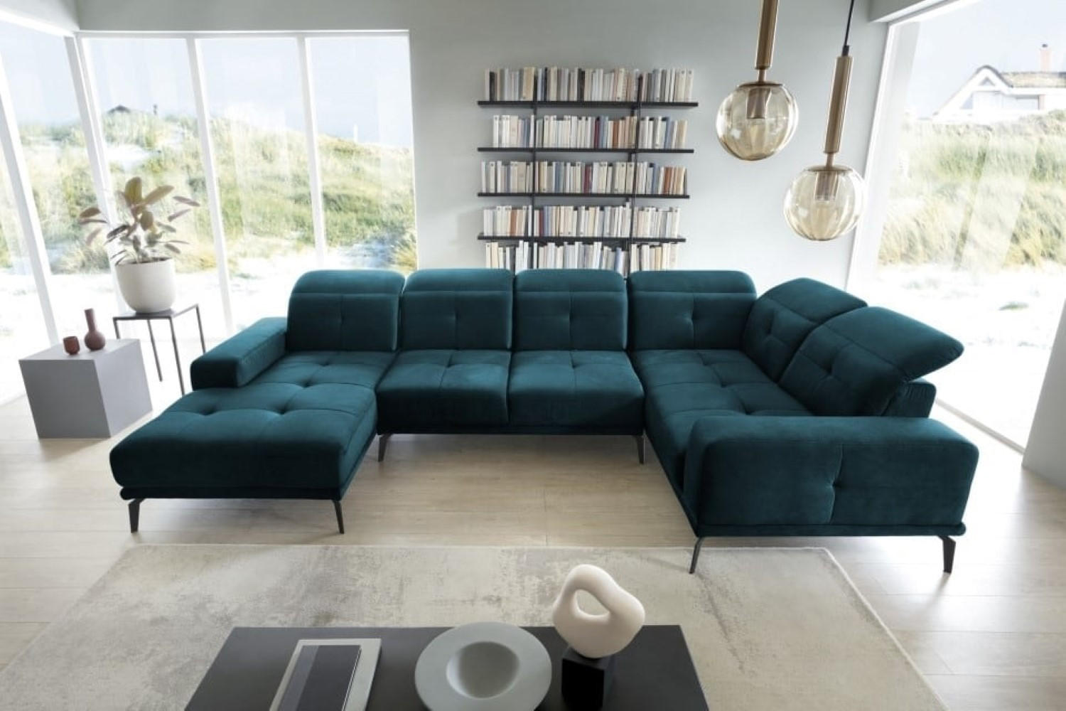 WOHNLANDSCHAFT mit Sitztiefenverstellung, wasserabweisender Nube-Stoff der Spitzenklasse - Schwarz/Dunkelblau, Textil/Metall (210/77/350cm) - Eltap