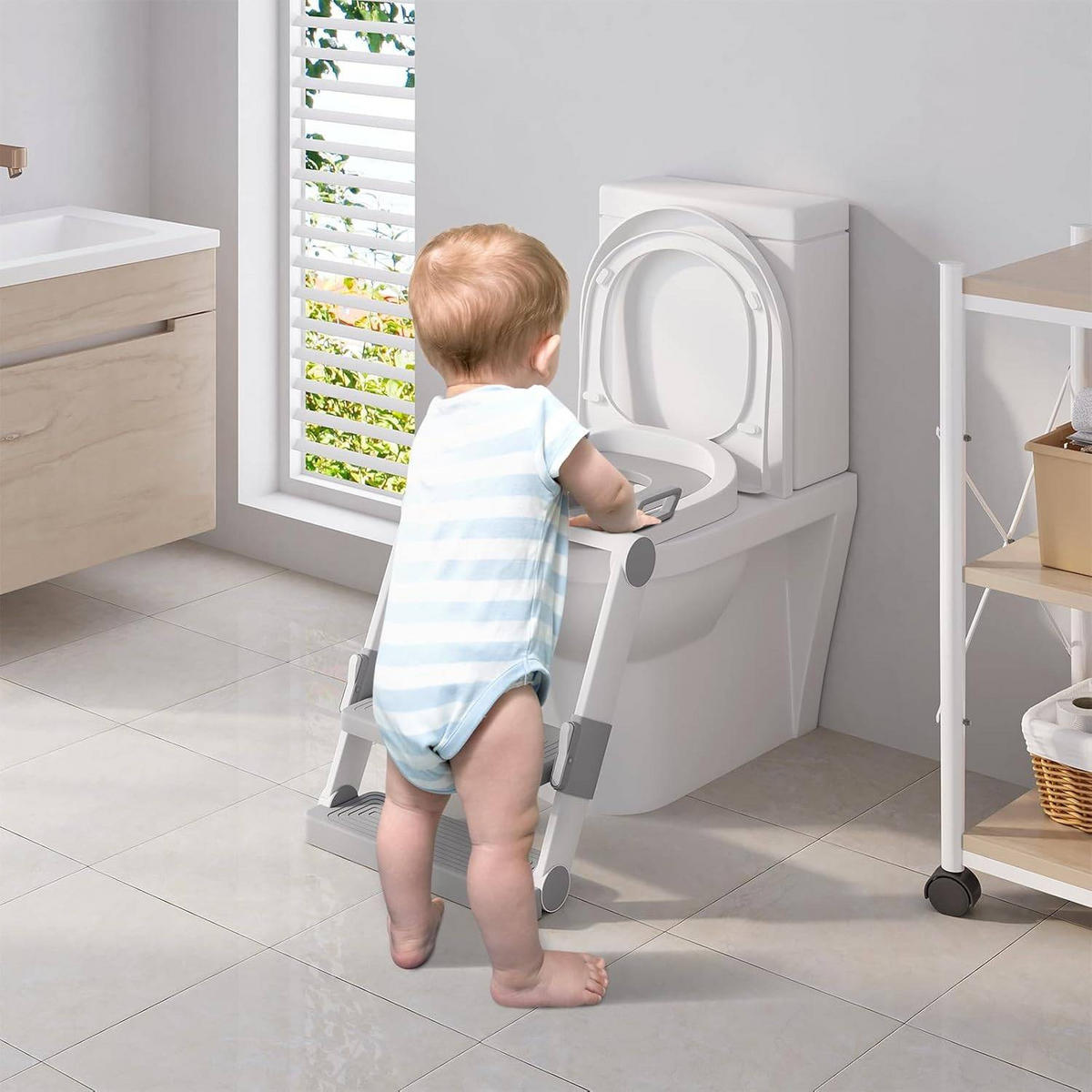 TOILETTENSITZ Kinder mit Treppe, 2 Stufen höhenverstellbar - Weiß/Grau, Kunststoff (38/45/35cm) - Woltu