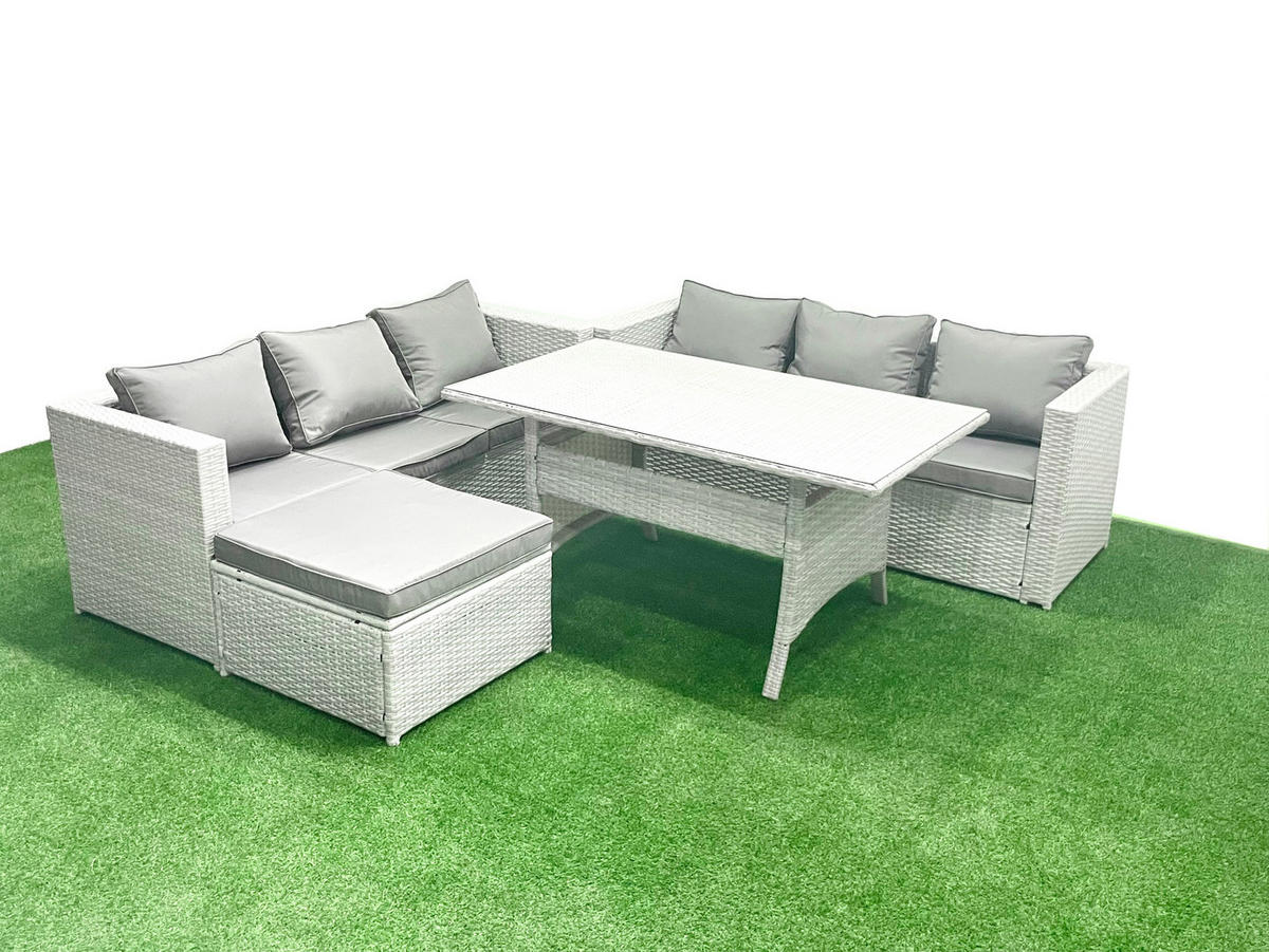 GARTENMÖBEL SET mit Esstisch Polyrattan Hellgrau 7-Sitzer - Hellgrau/Grau, Glas/Kunststoff - Fimous