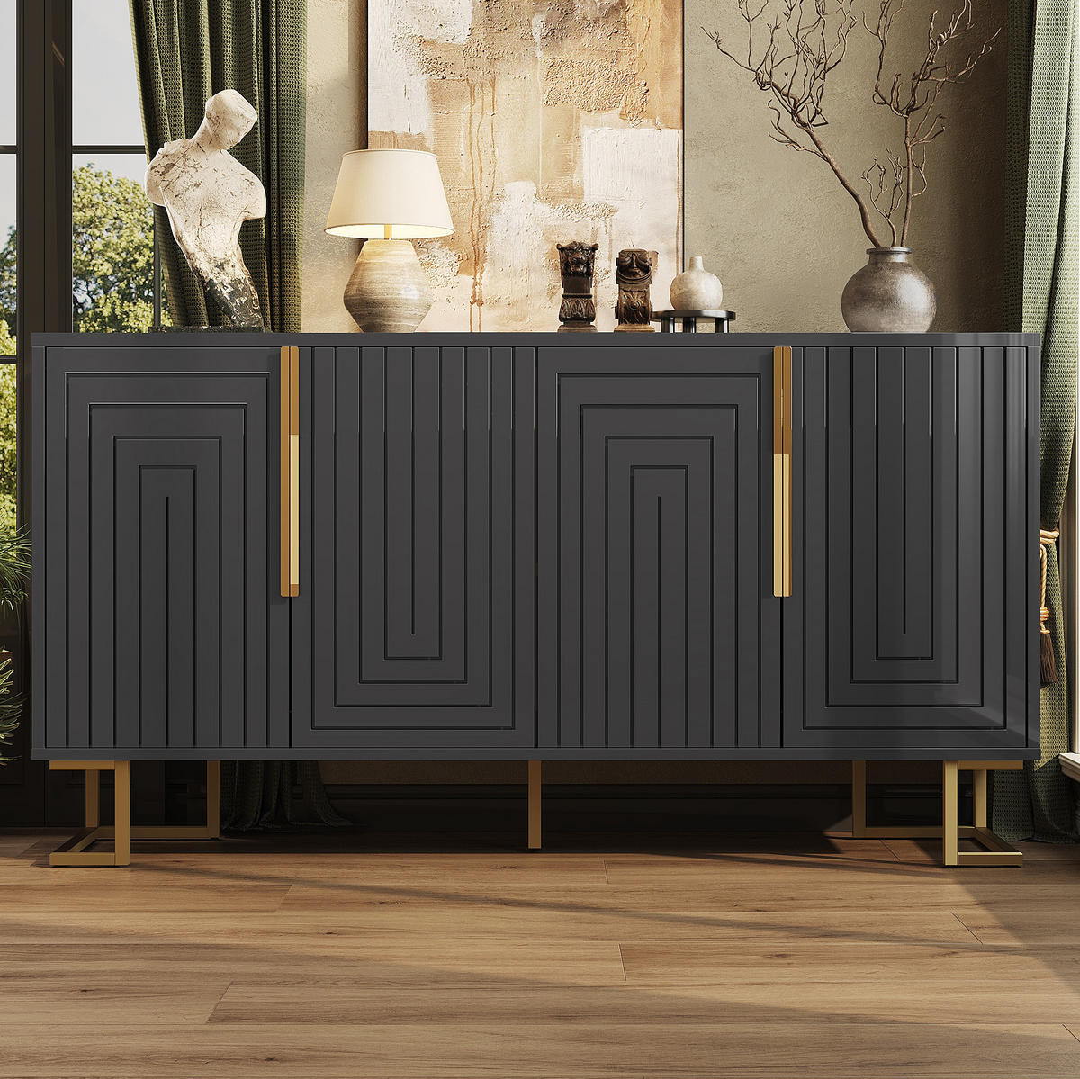KOMODA 152/40/75 cm čierna s geometrickými dvierkami a kovovými nohami z MDF - čierna, kompozitné drevo (152/75/40cm) - OKWISH