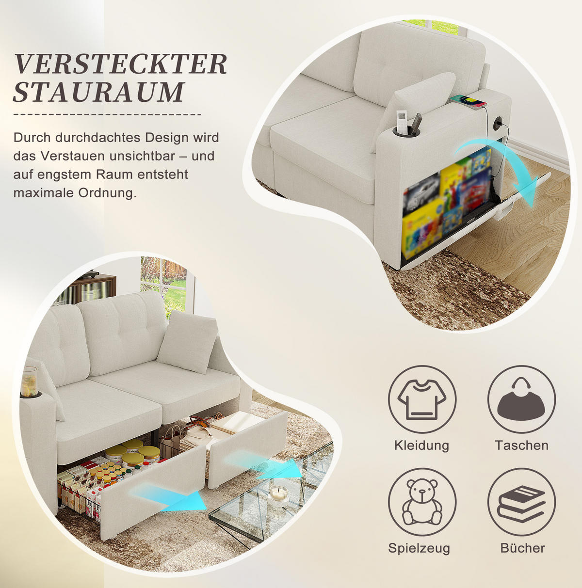 2-SITZER-SOFA 172/75/82 cm mit USB-Anschlüssen, Stauraumschubladen und Getränkehaltern, Chenille, Beige - Beige, Textil (172/82/75cm) - Redom