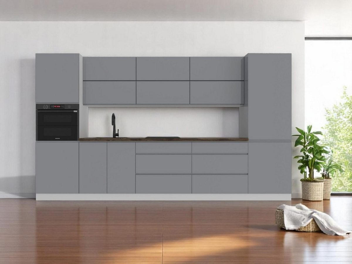 KÜCHENZEILE 360 cm Aspen K47-M360 in Grau / Hochglanz - Grau, Holz (360/212/60cm)