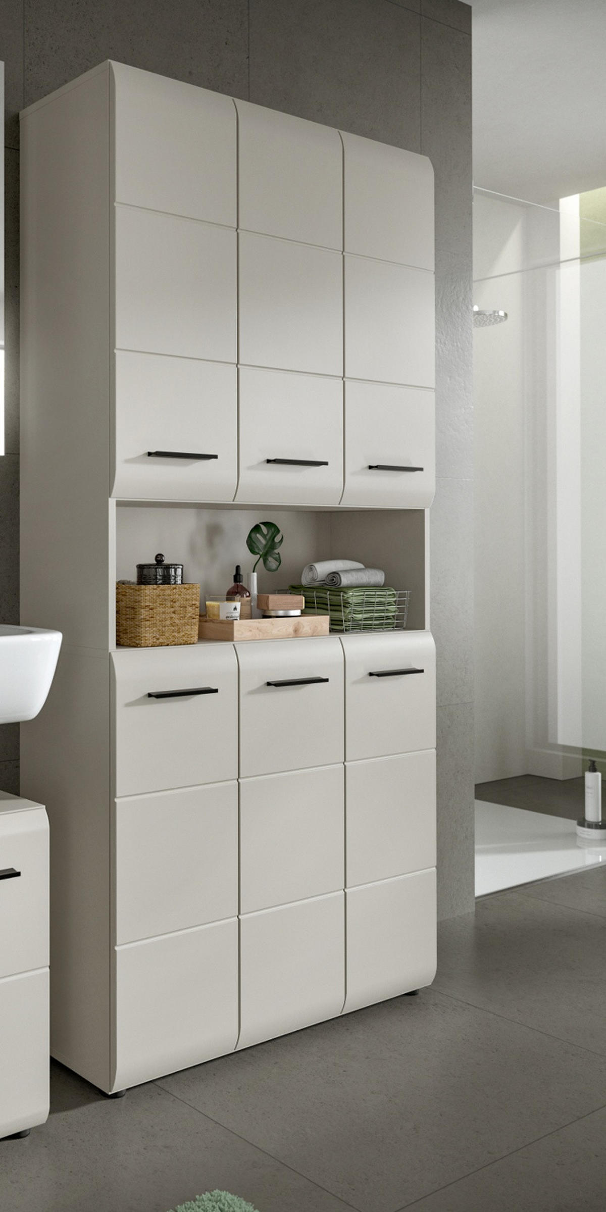 HOCHSCHRANK Kaschmir 90 x 185 cm, Badschrank XL 6-türig - Kaschmir/Schwarz, Holzwerkstoff/Kunststoff (90/185/30cm) - Inn.Furn