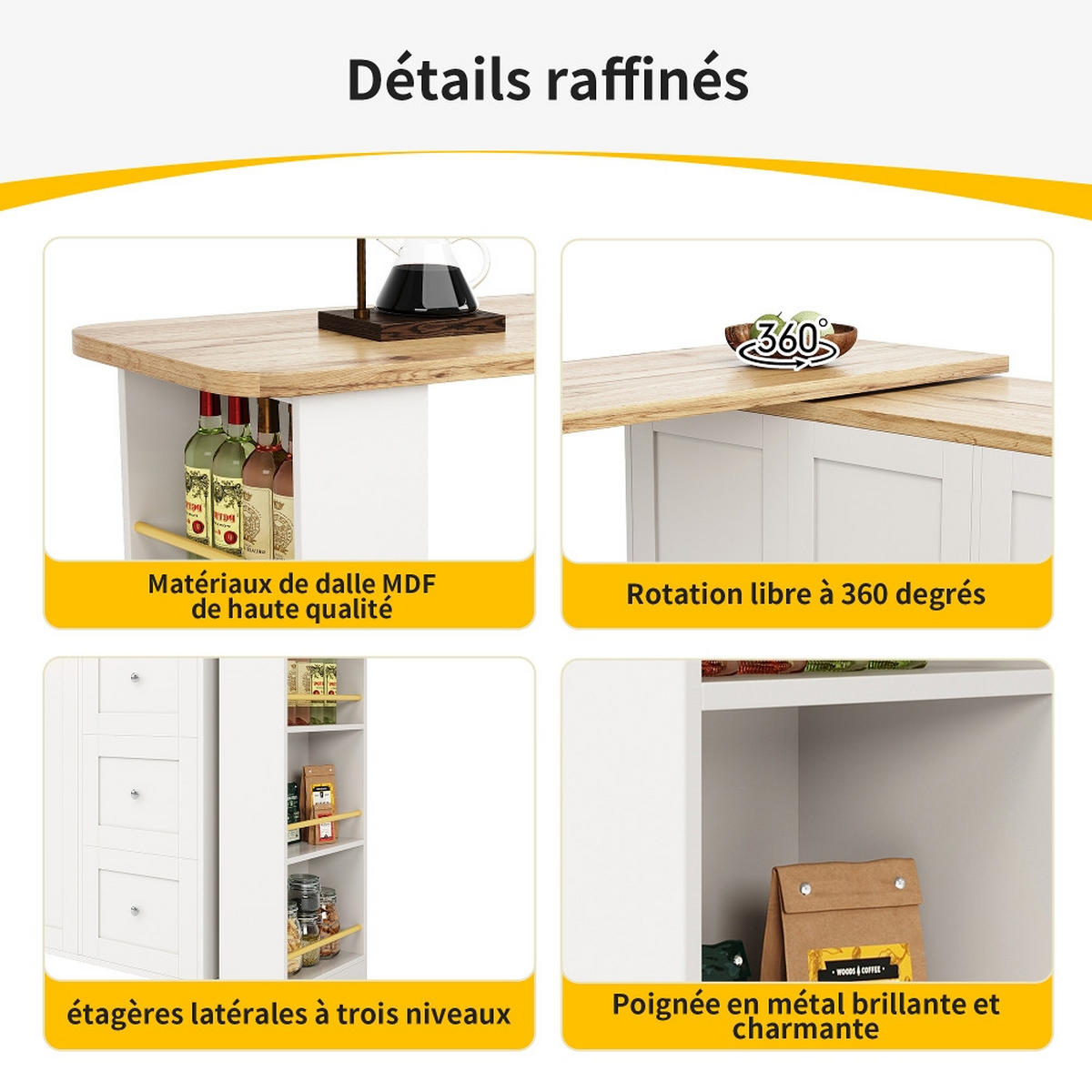 KÜCHENINSEL Stehtisch DREHBAR, Kücheninsel mit Rollen, 3 Schubladen, MDF Weiß, Küche und Wohnzimmer, 203/39/104 cm - Weiß, Kunststoff (39/106/203cm) - Rolipo