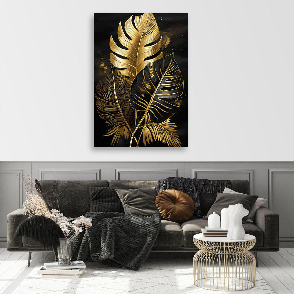 WANDBILD goldene monstera palmenblätter - Goldfarben, Textil (80/120cm) - Feeby