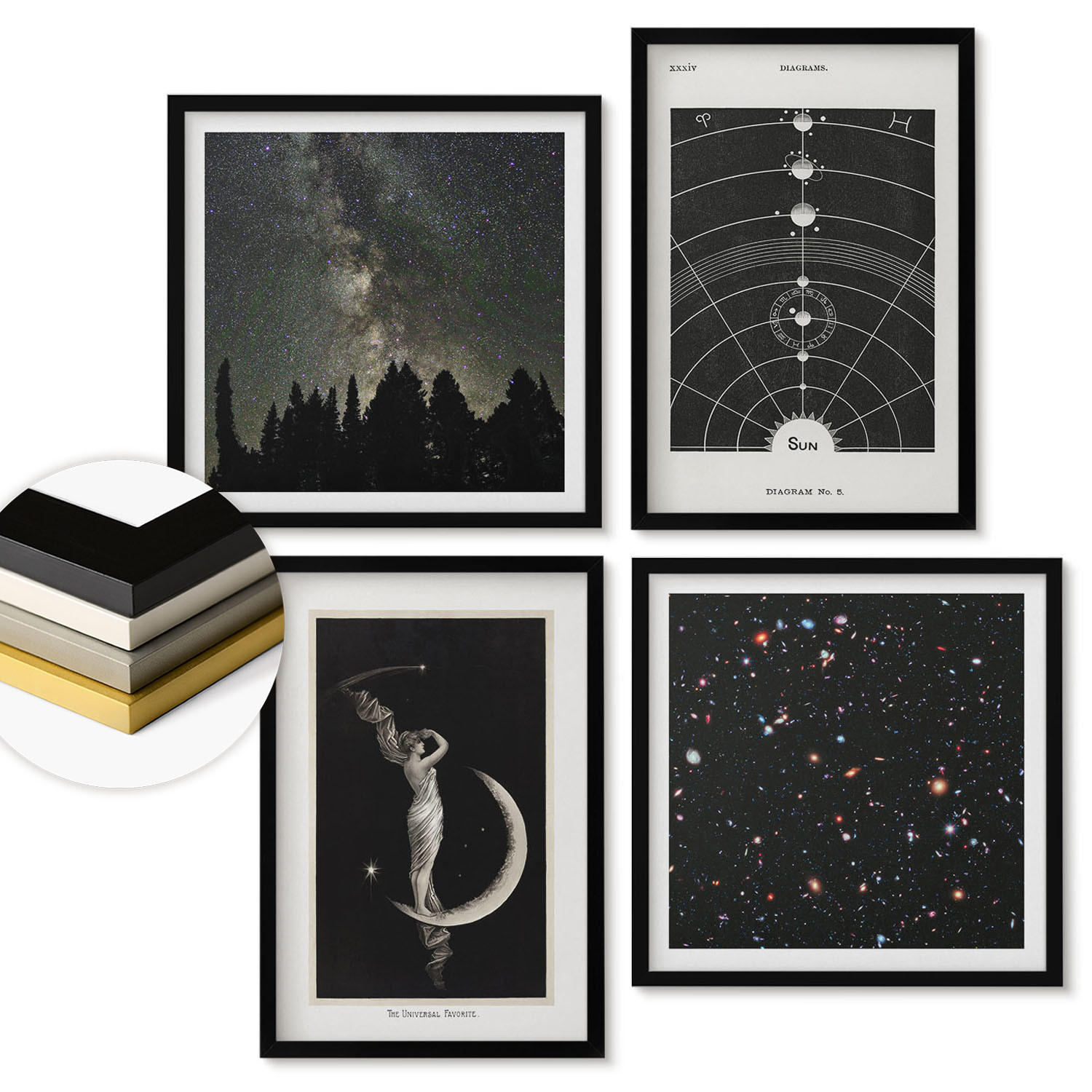 WANDBILDER 4er-Set - 50x50 cm & 40x60 cm Schwarzer Rahmen - Galaxie im Sonnensystem - Schwarz, Kunststoff (50/50cm) - ArtPrintCave
