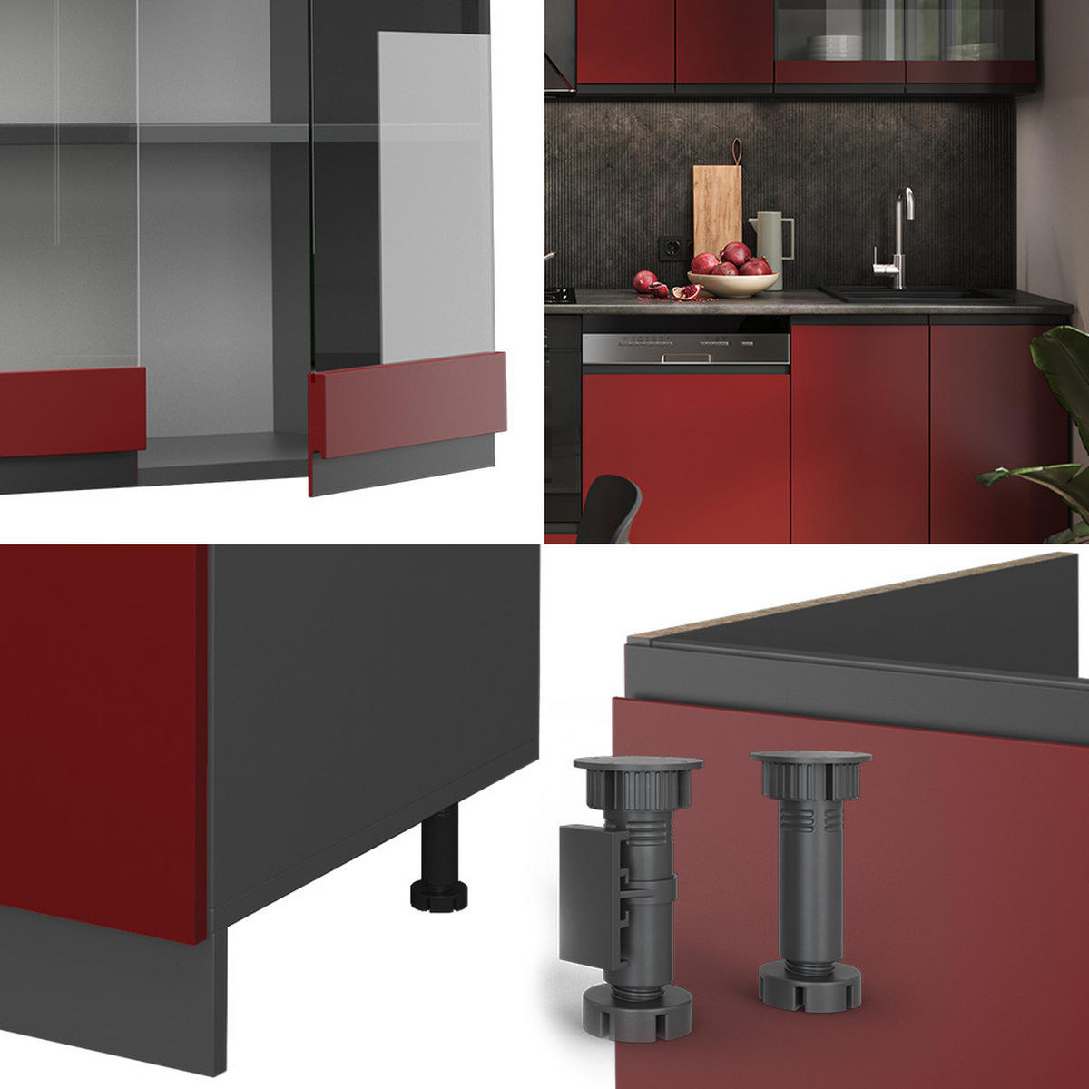 KÜCHENZEILE R-Line Rot/Anthrazit 300 cm, AP Eiche - Anthrazit/Rot, Holzwerkstoff (300/81.6/60cm) - Vicco