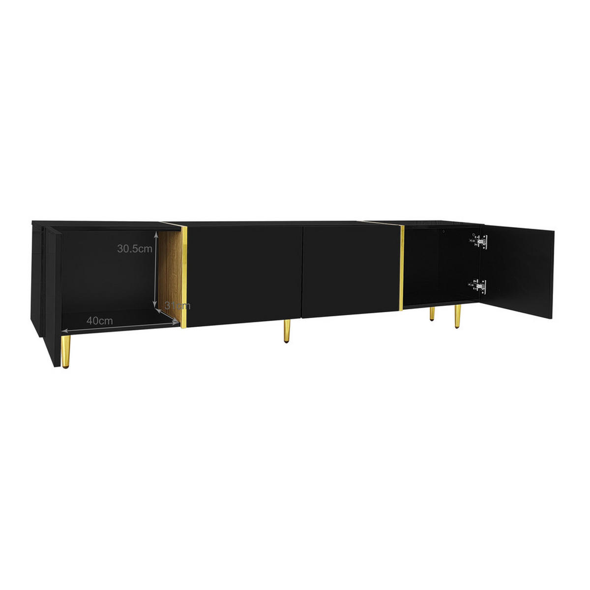 TV-SCHRANK Hochglanz 4 Türen Modern Schwarz Gold MDF bis 49 Zoll - Schwarz, Holz (43.18/21.84/96.52cm) - FLIEKS