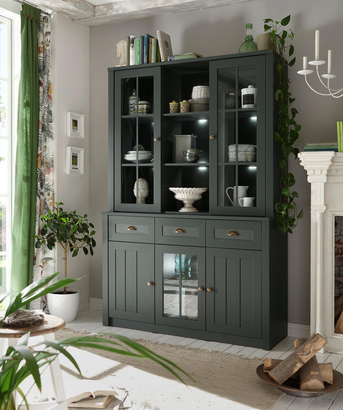 BUFFETSCHRANK grün 130 x 196 cm, Buffet Landhaus-Stil - Chromfarben/Schwarz, Glas/Holzwerkstoff (130/196/43cm) - Furn.Design