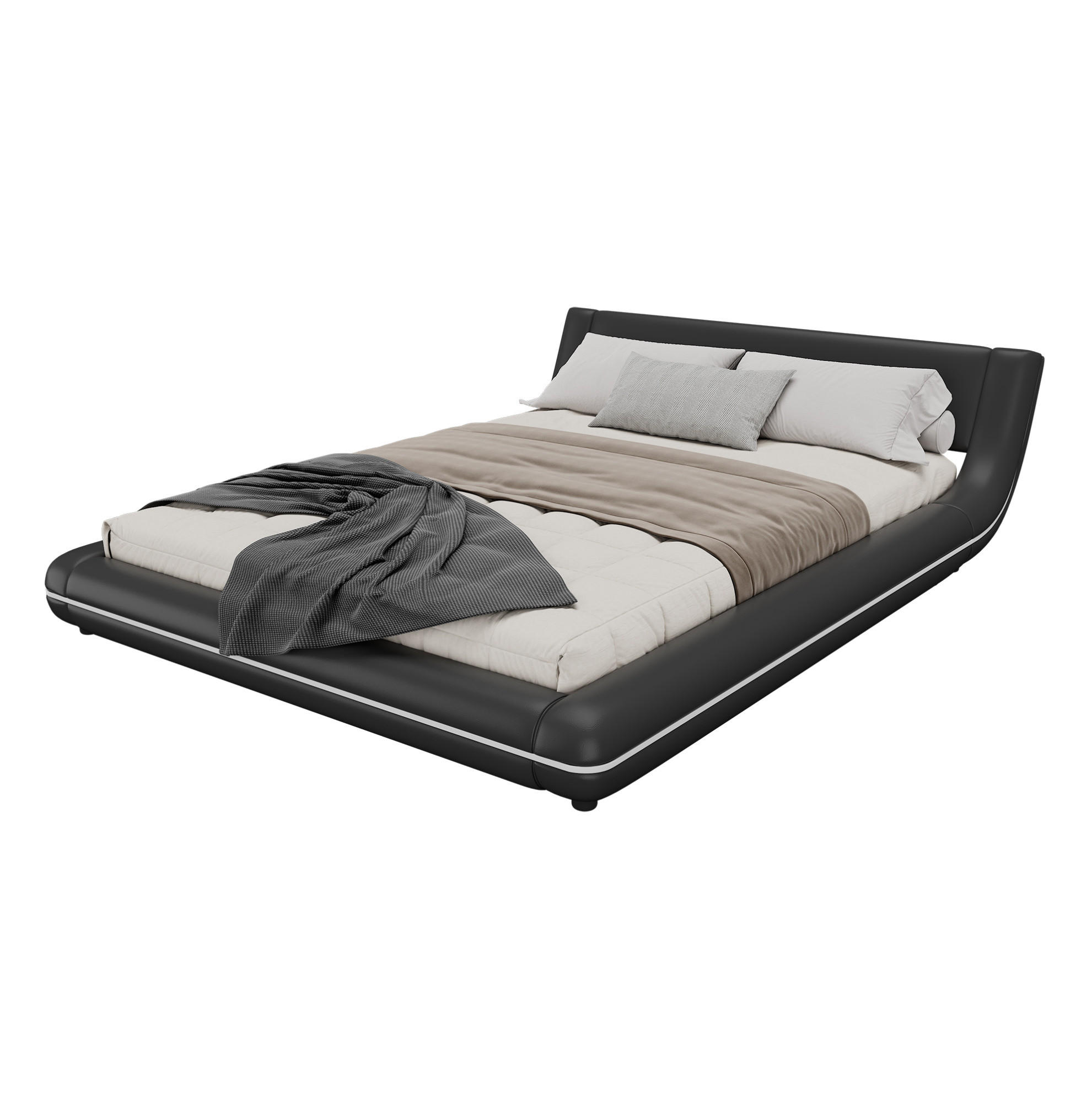 BODENBETT aus PU und MDF 140x200 cm Schwarz mit LED-Umgebungslicht und pflegeleichter Oberfläche - Schwarz, Kunststoff (140/200cm) - Modfu