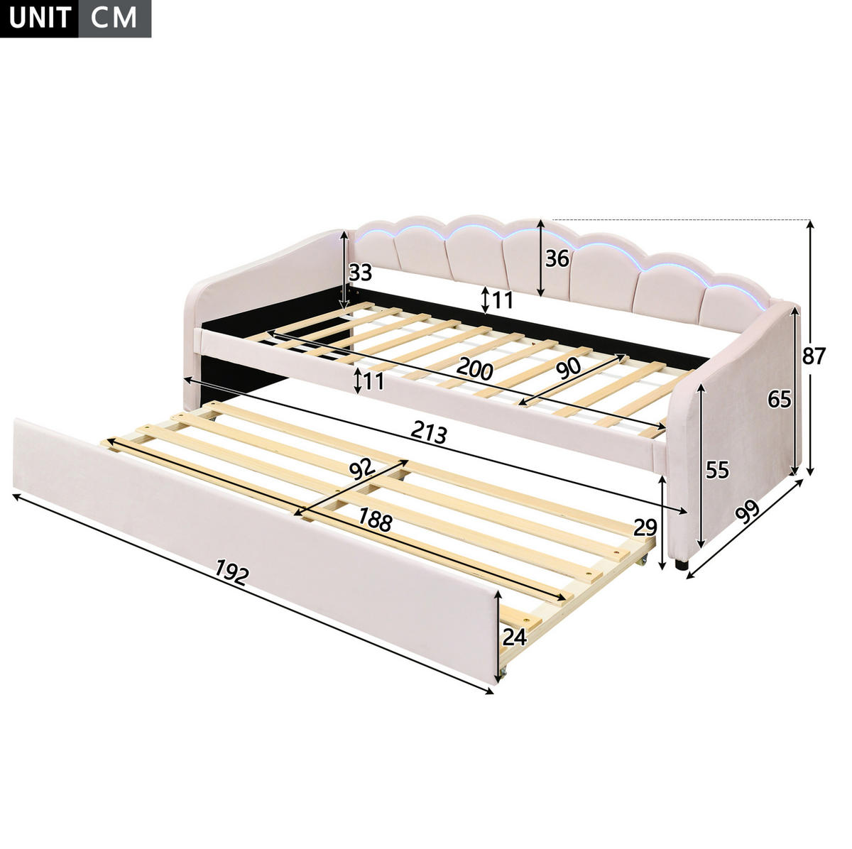 POLSTERBETT aus Samt 90x200 cm in Rosa mit LED-Beleuchtung & Rollbett - Rosa, Textil (90/200cm) - Modfu