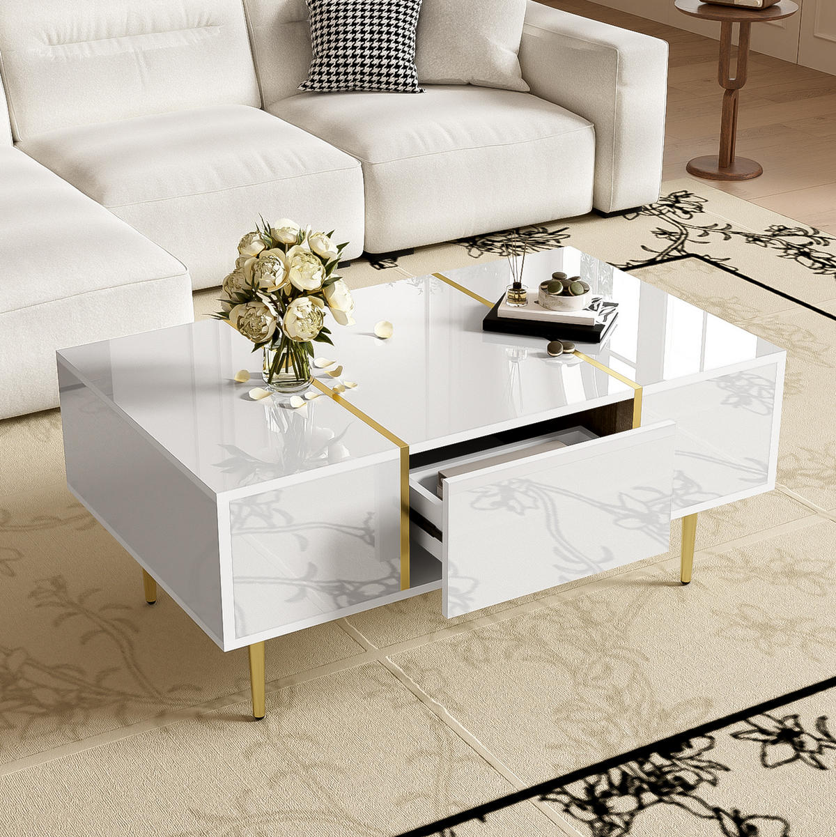 COUCHTISCH mit 2 Schubladen 100 x 60 cm Weiß Hochglanz - Weiß, Metall (100/60/41.5cm) - Meubliv