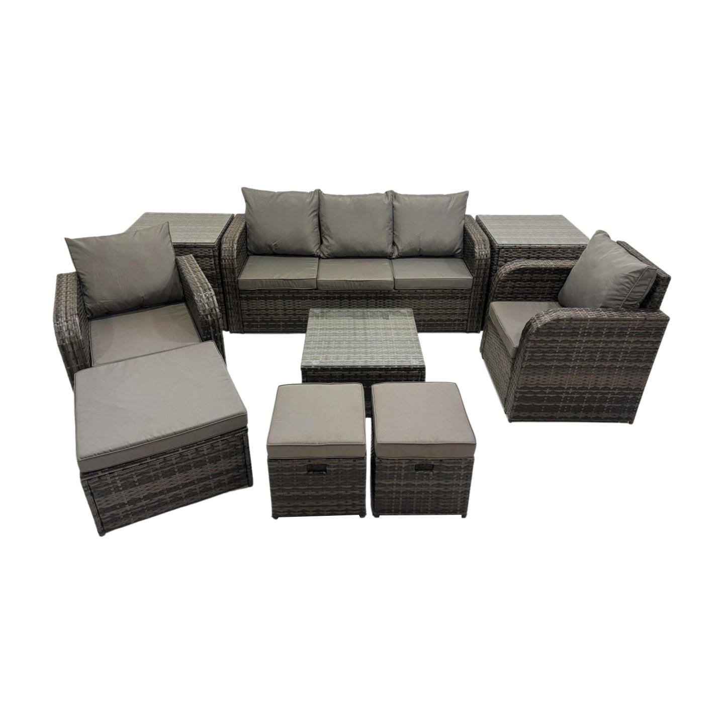 GARTENMÖBELGARNITUR mit KISSEN Polyrattan Dunkelgrau 8-Sitzer - Dunkelgrau/Grau, Glas/Kunststoff - Fimous