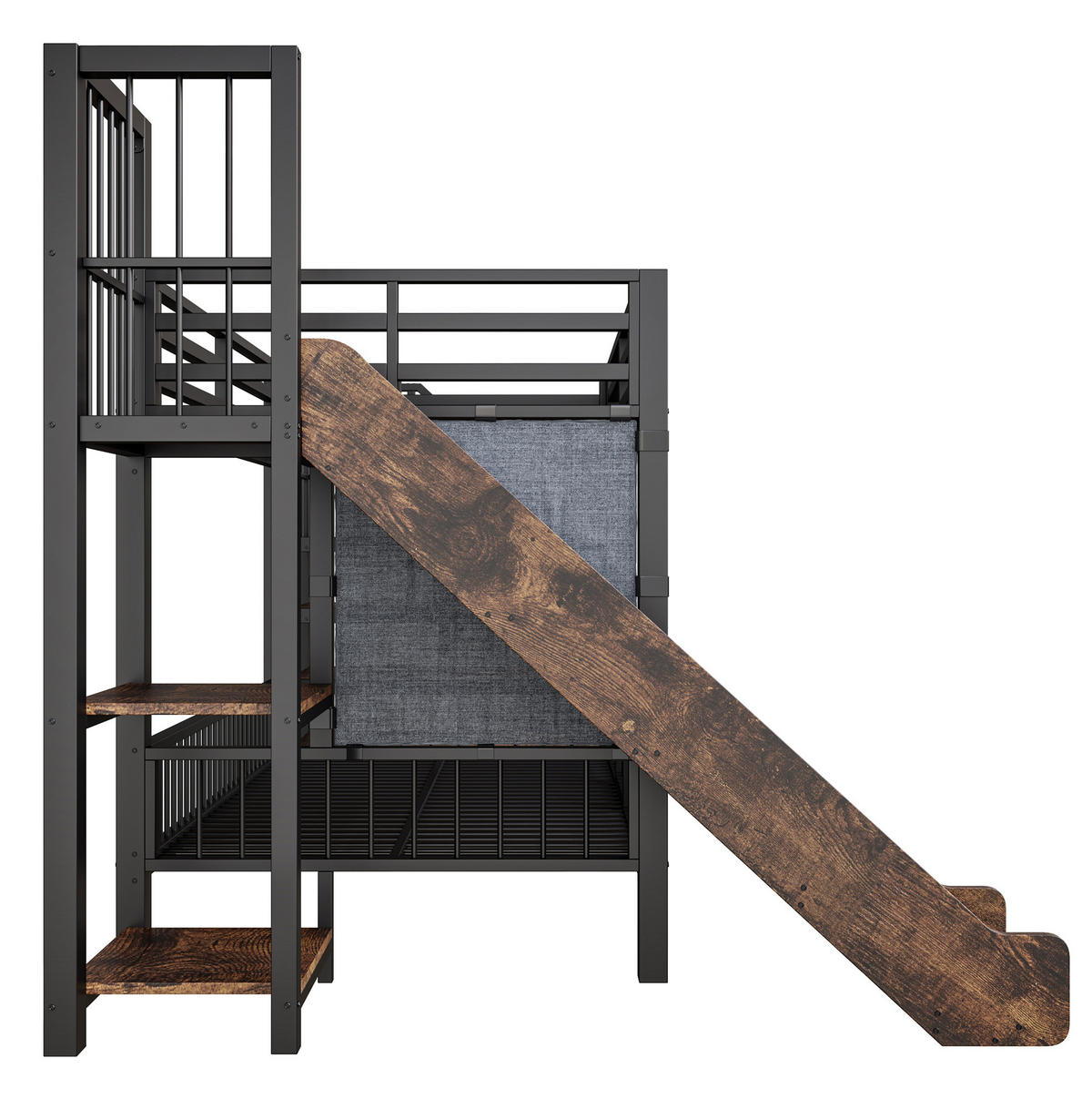 HOCHBETT 90/200 cm aus Metall und MDF mit Rutsche und Stauraumtreppe Schwarz - Schwarz, Metall (90/200cm) - Modenvie