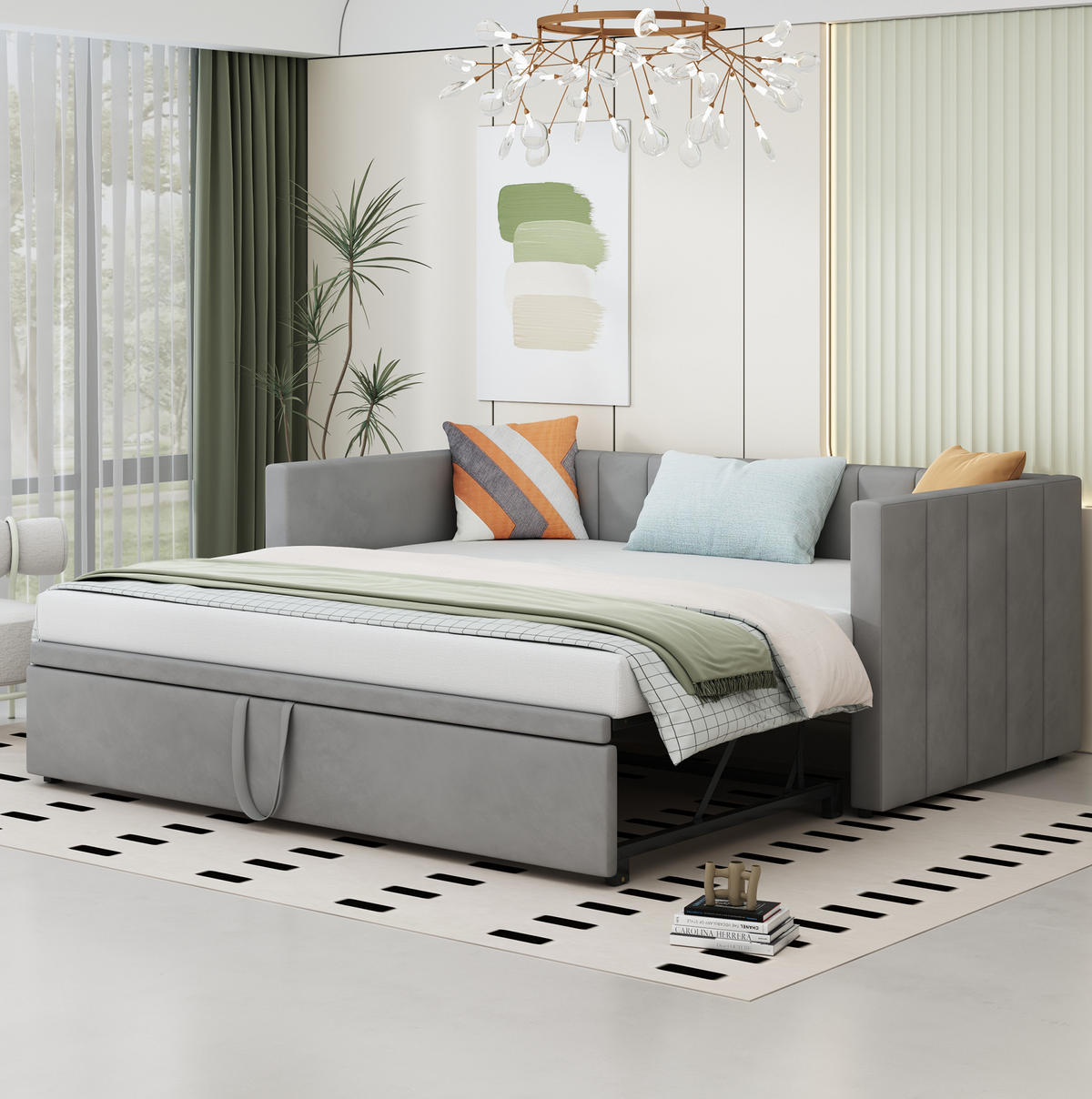 ROZKLÁDACÍ postel 90/200 cm šedá ze sametu s výsuvným lůžkem a lamelovým roštem - šedá, kůže (90/200cm) - OKWISH