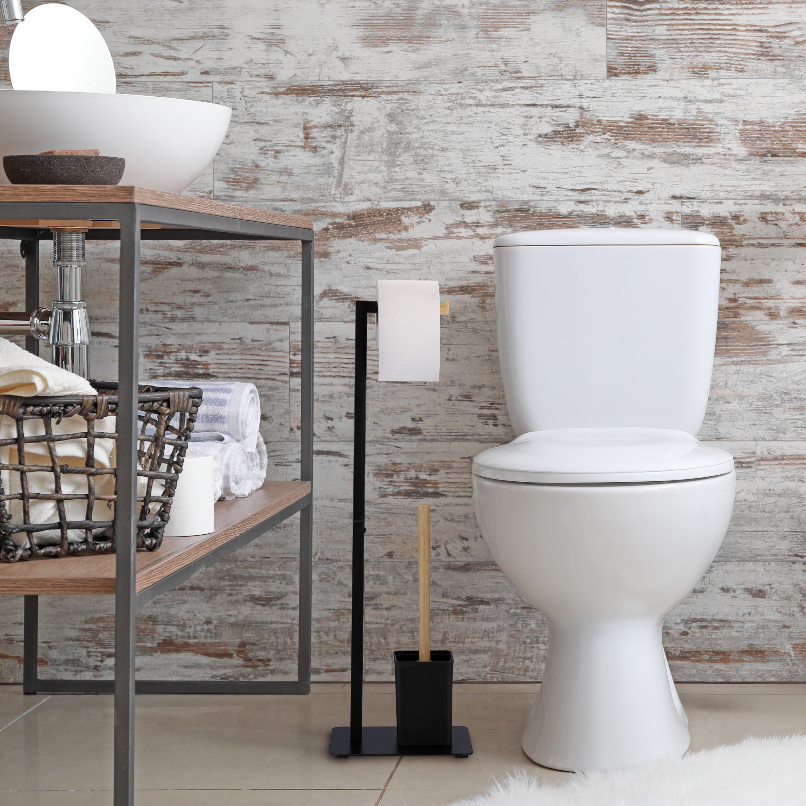 WC-GARNITUR - Schwarz, Holz/Metall (22/69/18cm) - Relaxdays