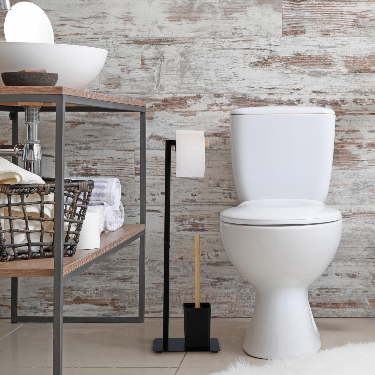 WC-GARNITUR - Schwarz, Holz/Metall (22/69/18cm) - Relaxdays