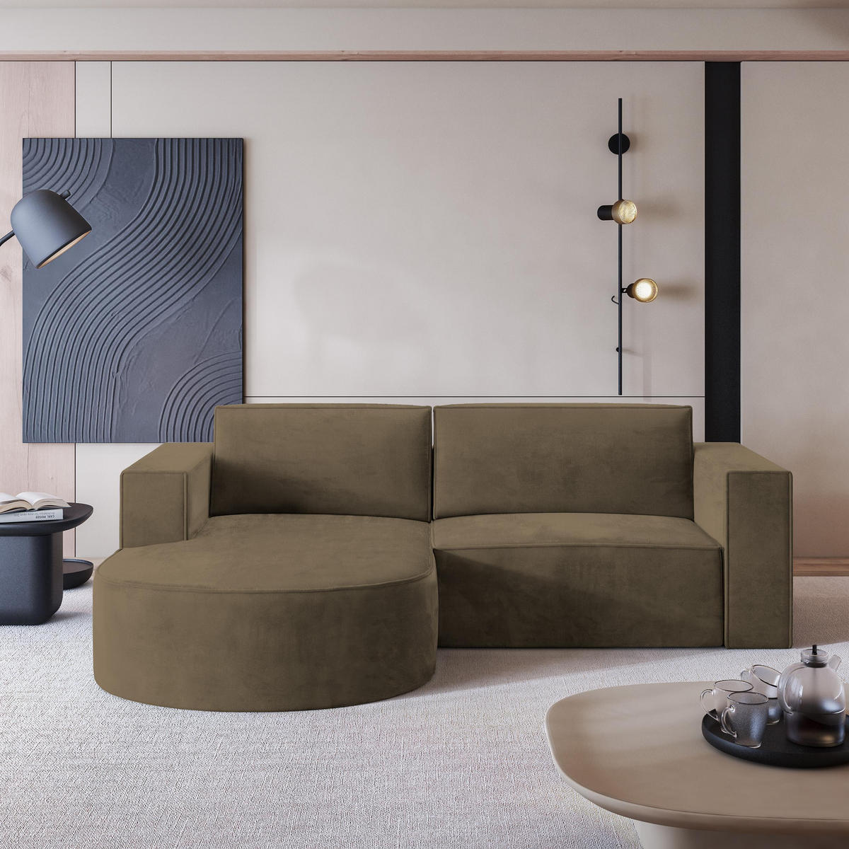 ECKSOFA SORELA M L-S Beige Velours-Stoff mit Schlaffunktion - Beige, Holz (263/174cm) - MASSENO