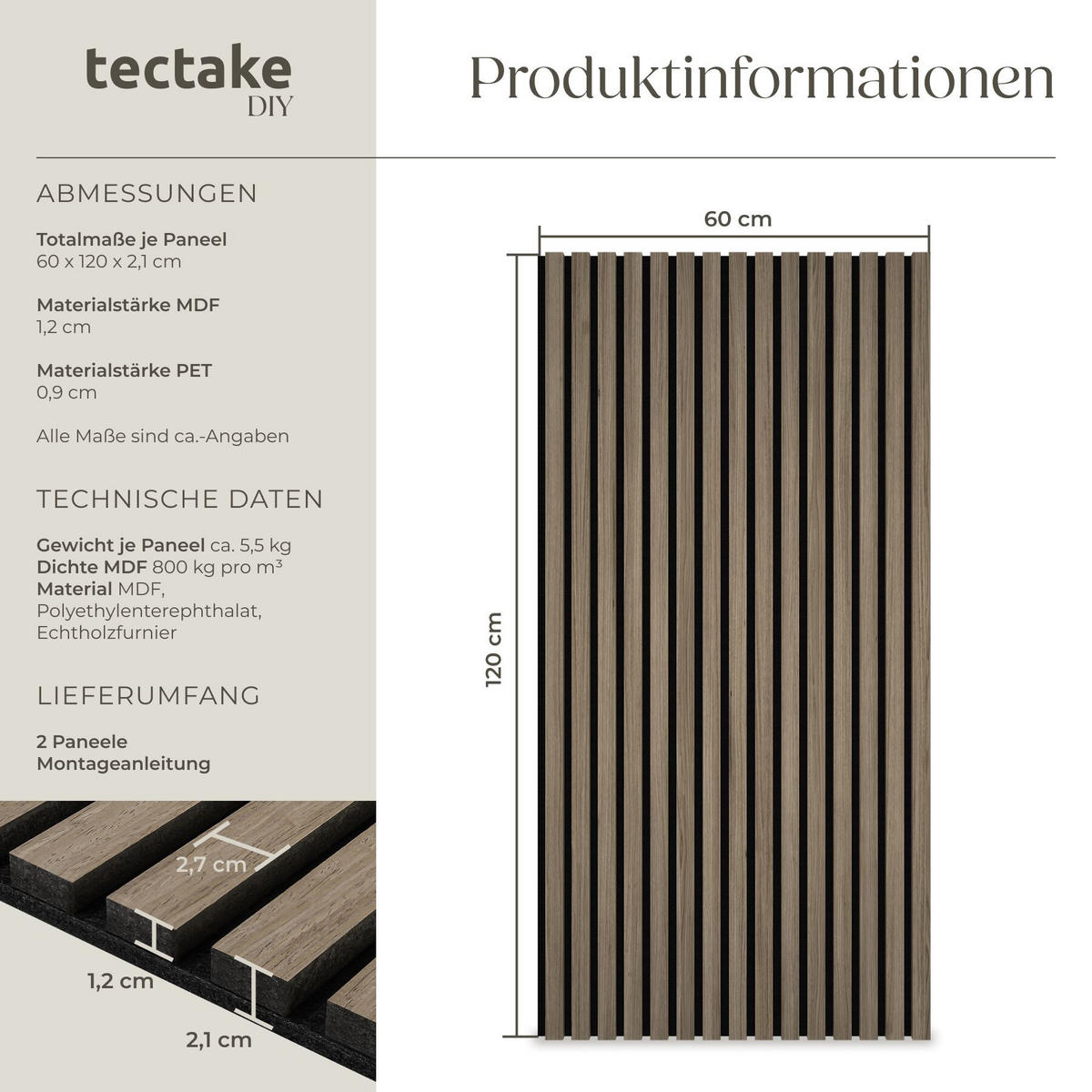 AKUSTIKPANEELE 2er Set Sonic Wall, je 60 x 120 x 2, 1 cm, Größe flexibel anpassbar, Eiche dunkel - Wildeiche, Holz (60/2.1/120cm) - tectake